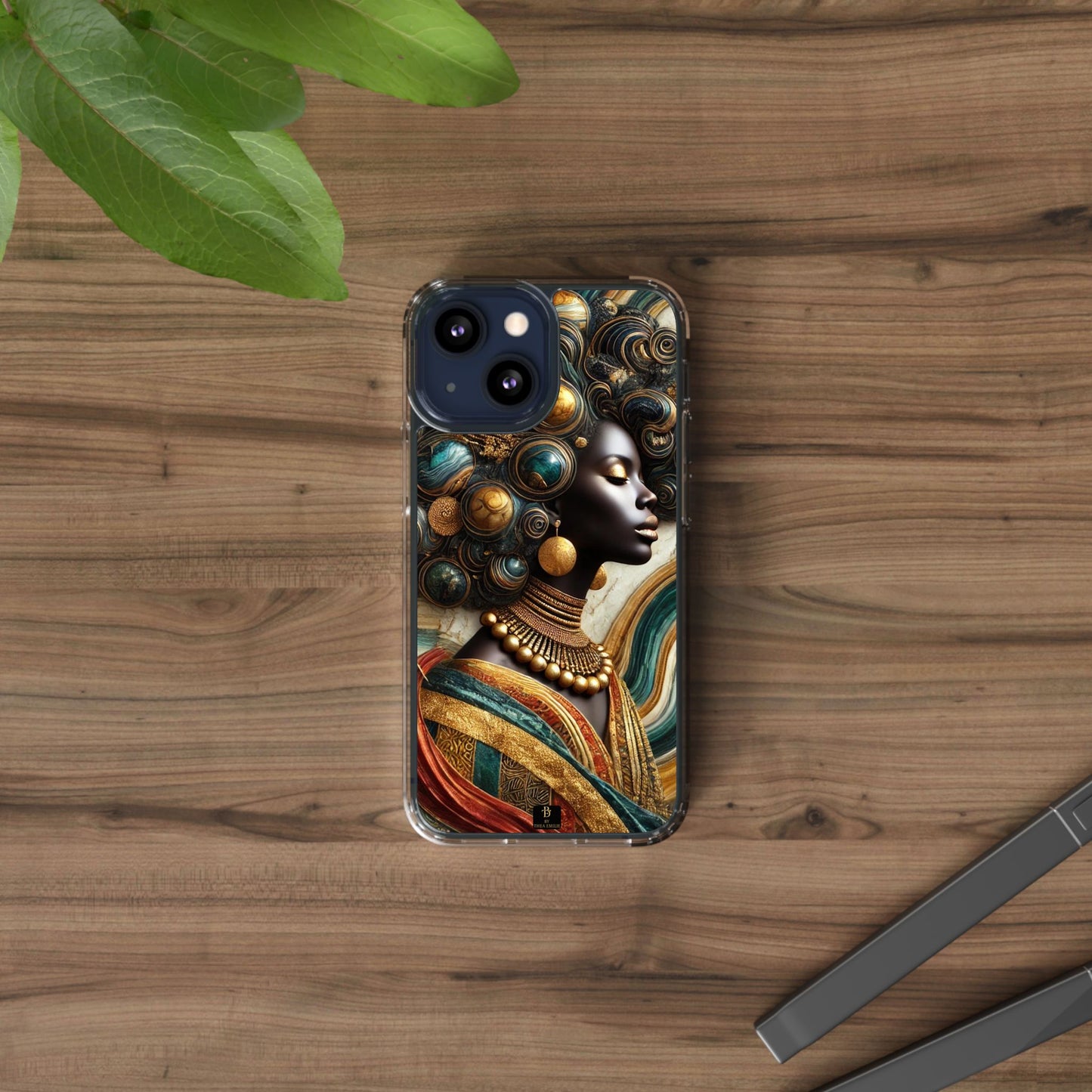 Majestic Queen Clear Phone Case – Afro Art Style with Gold & Teal Accents