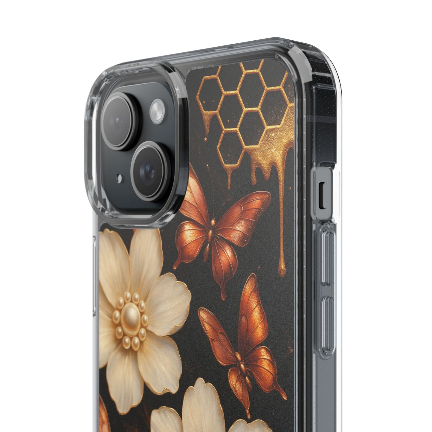 Golden Butterfly & Floral Clear Phone Case – Elegant Pearl & Honeycomb Design for iPhone
