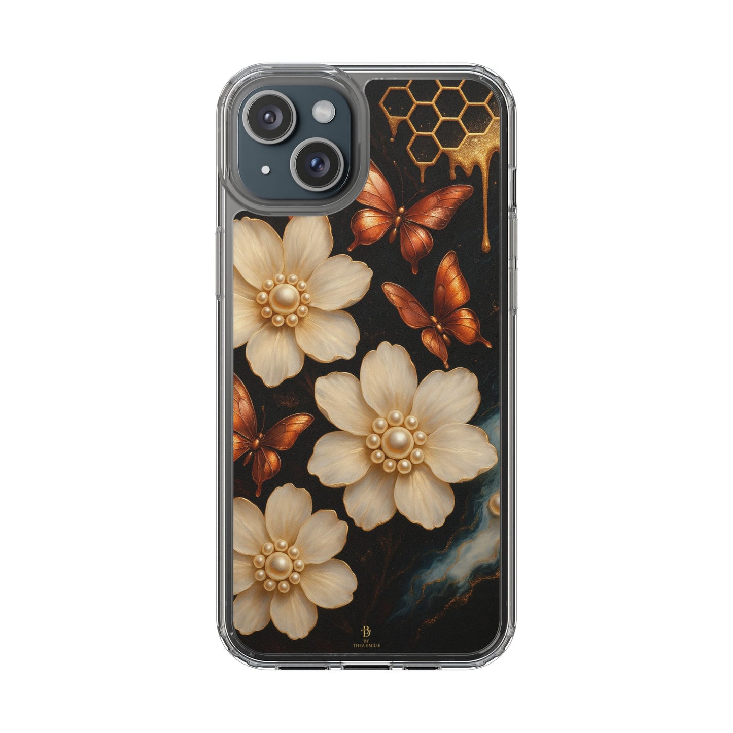 Golden Butterfly & Floral Clear Phone Case – Elegant Pearl & Honeycomb Design for iPhone