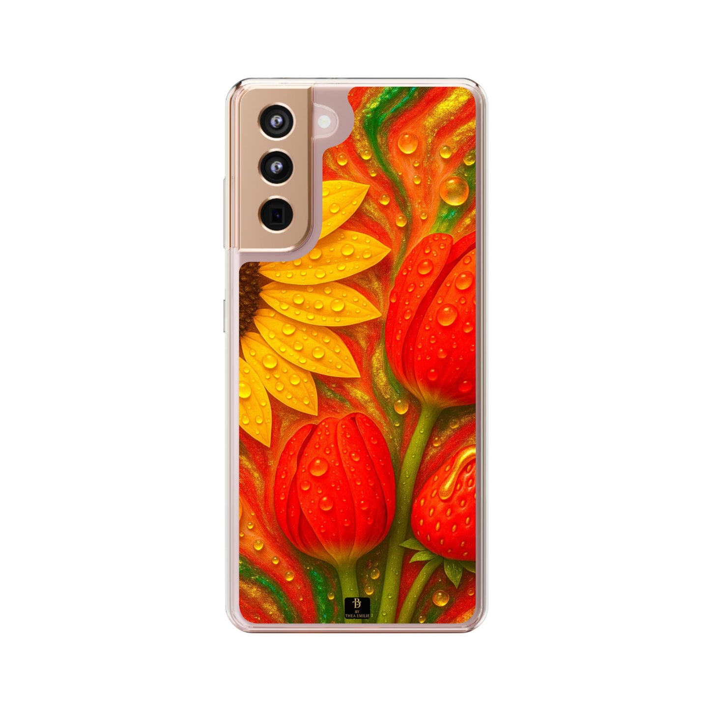 Sunflower Tulips Clear Phone Case - Red Green Gold Marble Design for iPhone