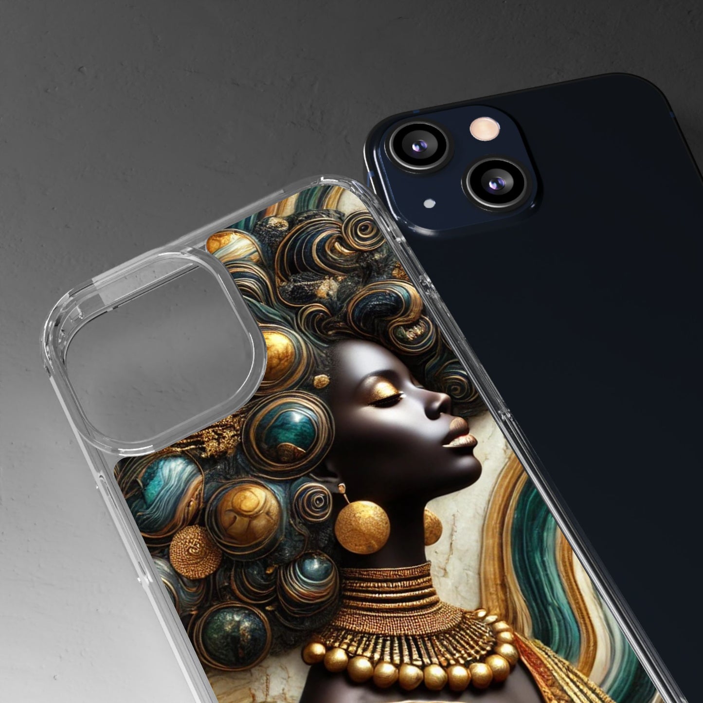 Majestic Queen Clear Phone Case – Afro Art Style with Gold & Teal Accents