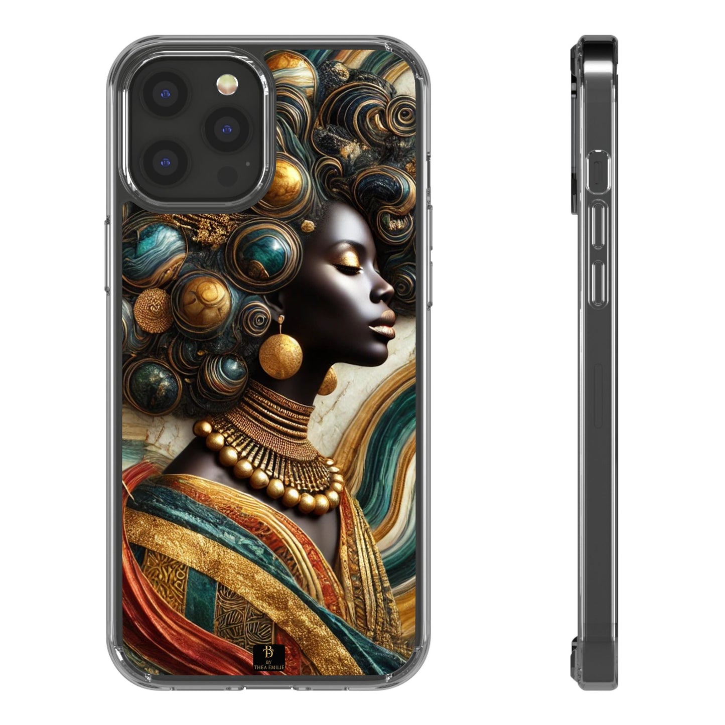 Majestic Queen Clear Phone Case – Afro Art Style with Gold & Teal Accents