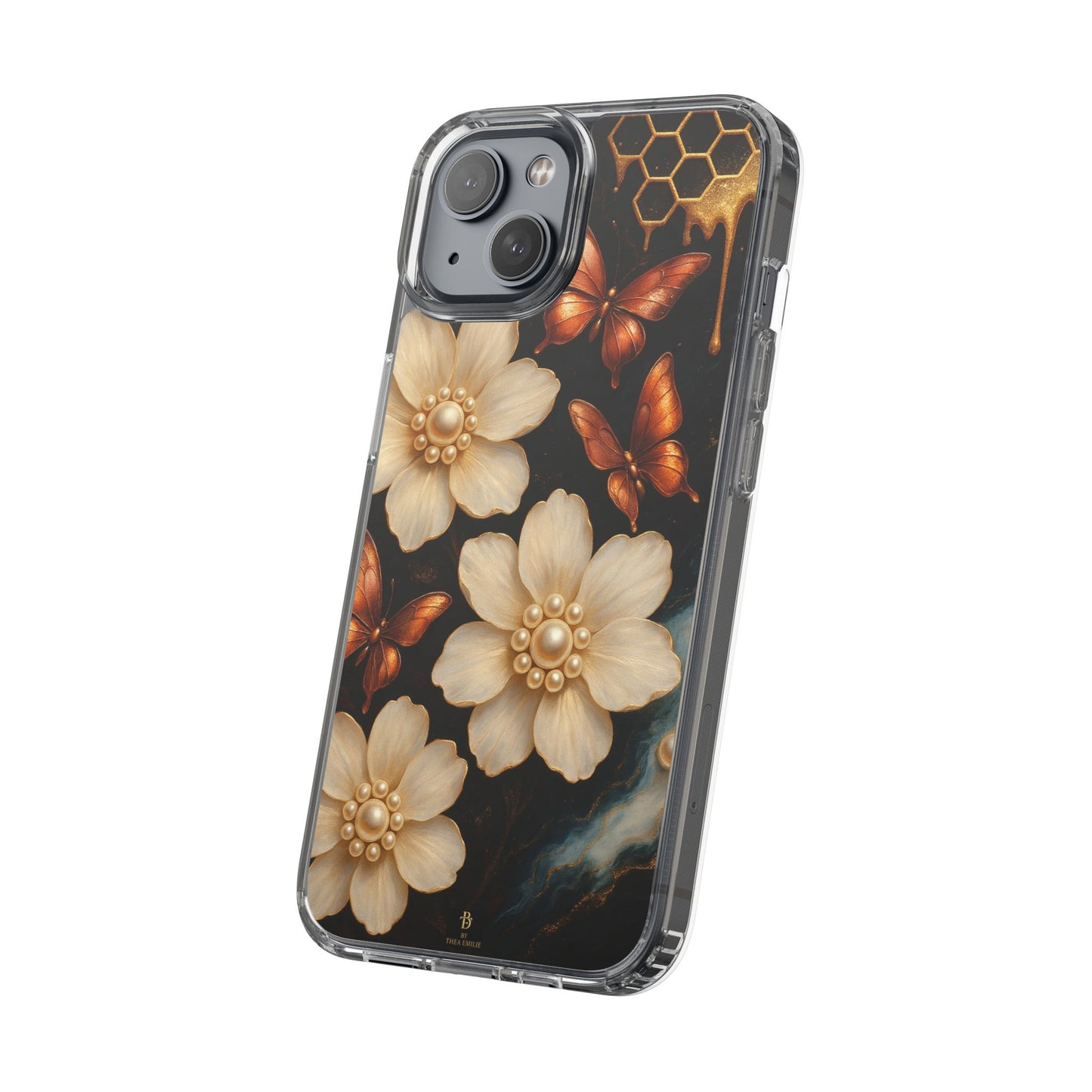 Golden Butterfly & Floral Clear Phone Case – Elegant Pearl & Honeycomb Design for iPhone