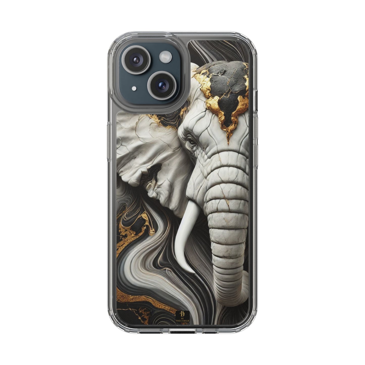 Artistic Elephant Clear Phone Case – Marble & Gold Wildlife Design for iPhone