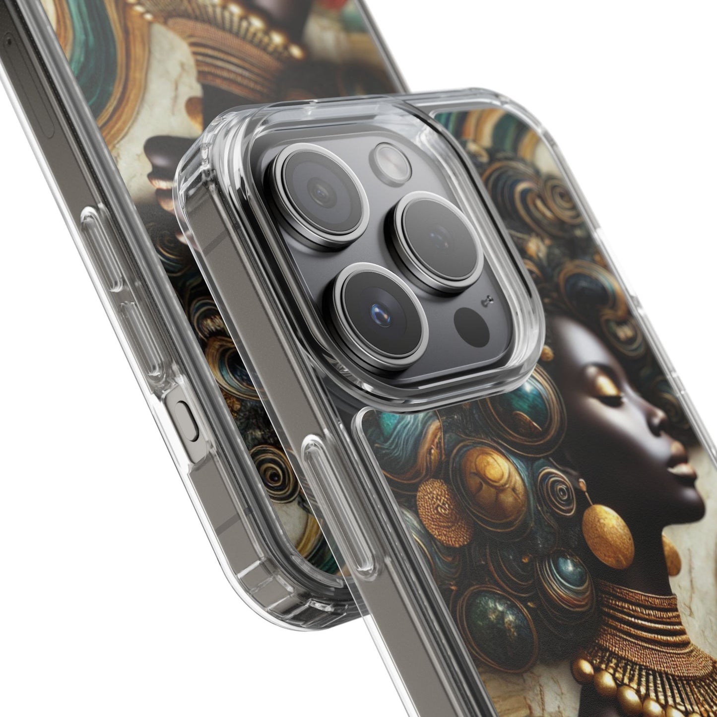Majestic Queen Clear Phone Case – Afro Art Style with Gold & Teal Accents