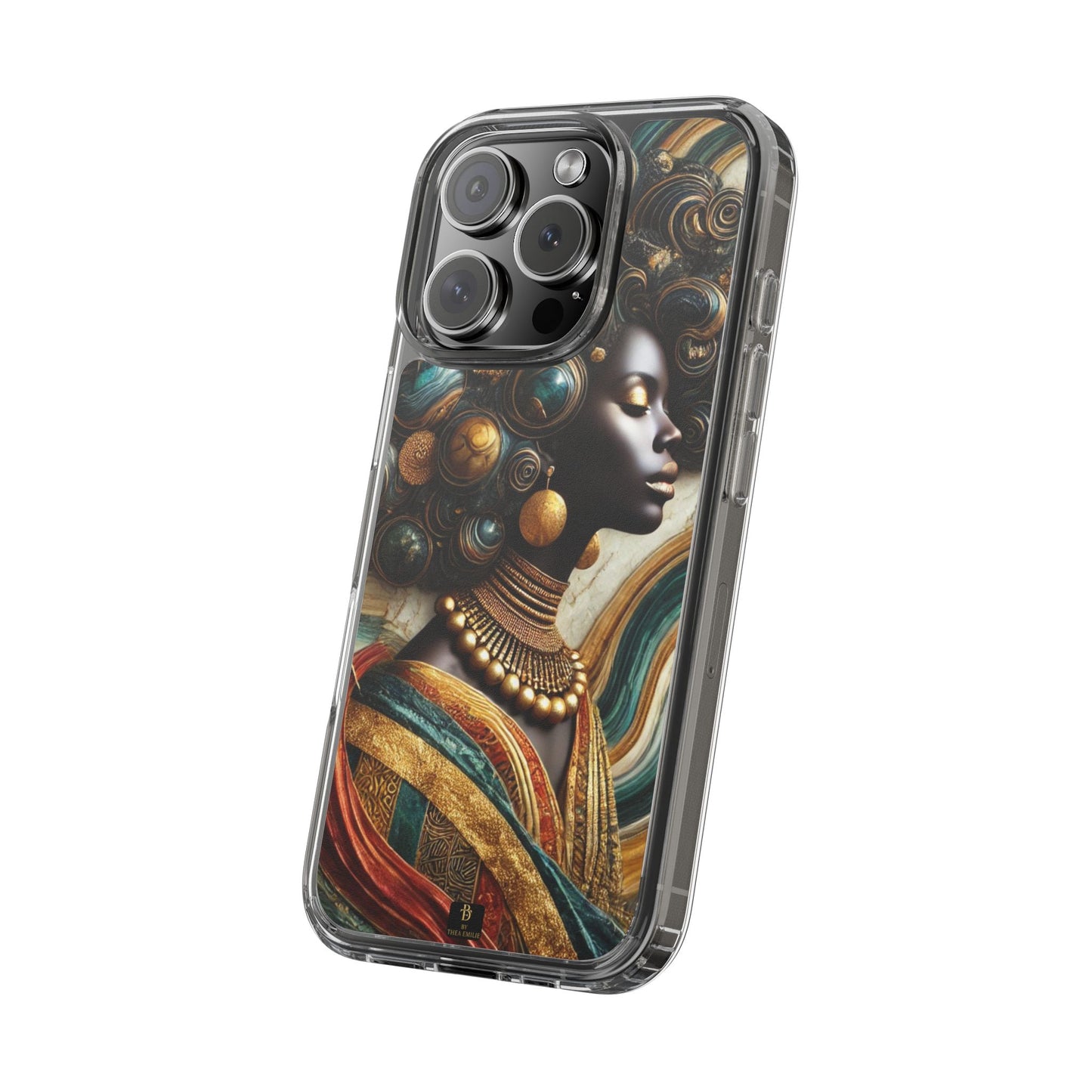 Majestic Queen Clear Phone Case – Afro Art Style with Gold & Teal Accents
