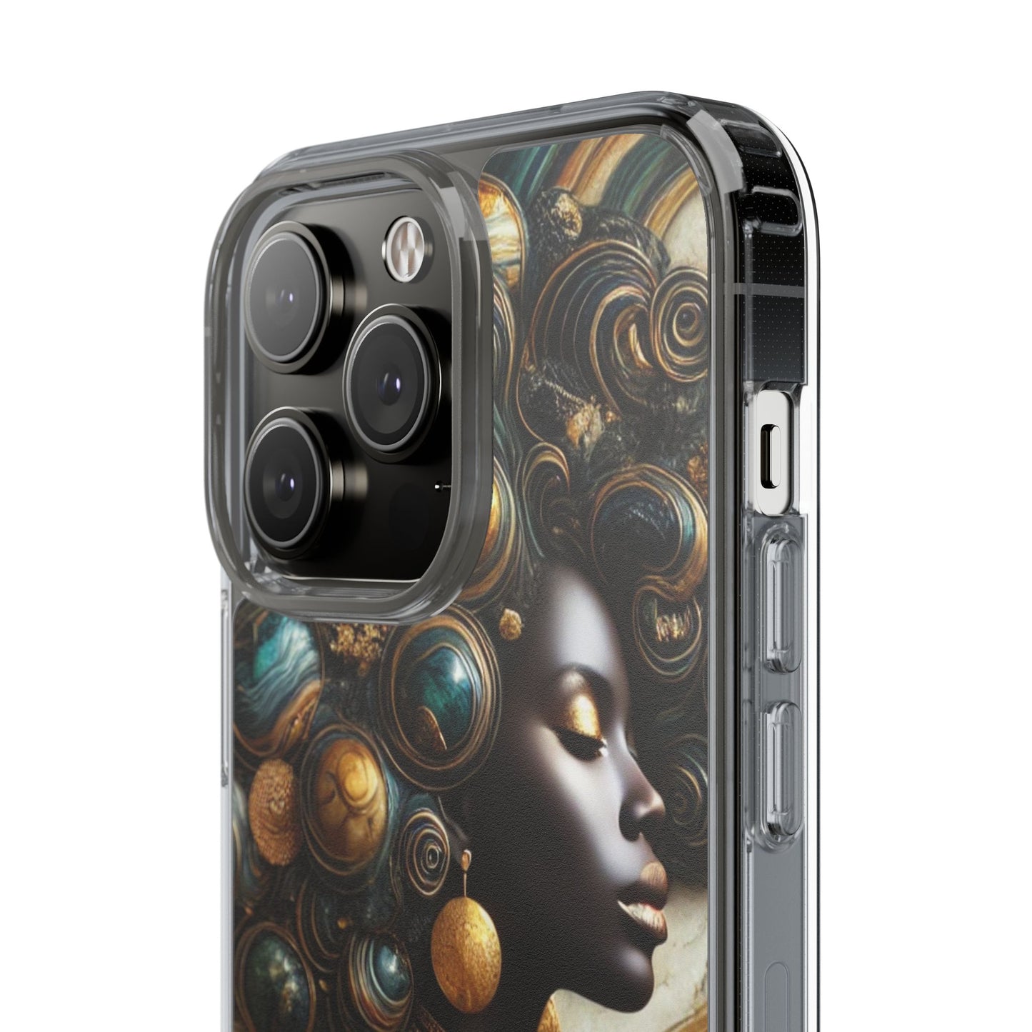 Majestic Queen Clear Phone Case – Afro Art Style with Gold & Teal Accents