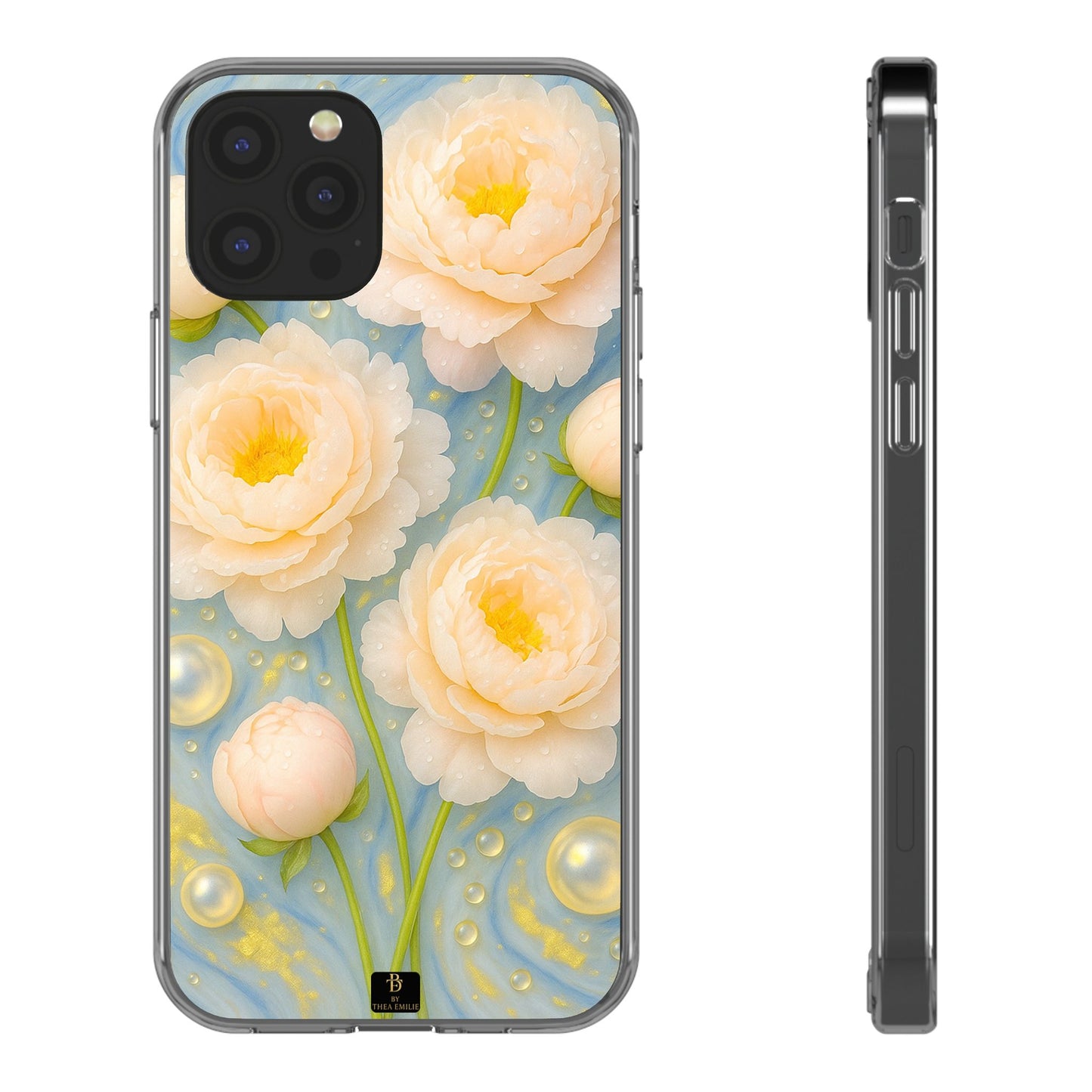 Peonies Marble Phone Case – Blue, White & Gold Artistic Design