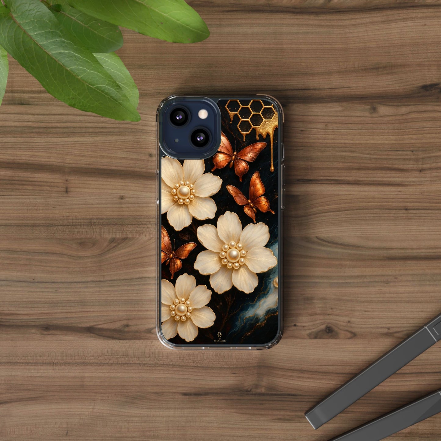 Golden Butterfly & Floral Clear Phone Case – Elegant Pearl & Honeycomb Design for iPhone