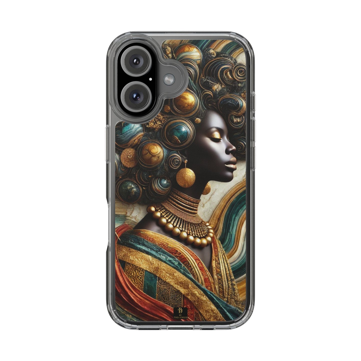 Majestic Queen Clear Phone Case – Afro Art Style with Gold & Teal Accents