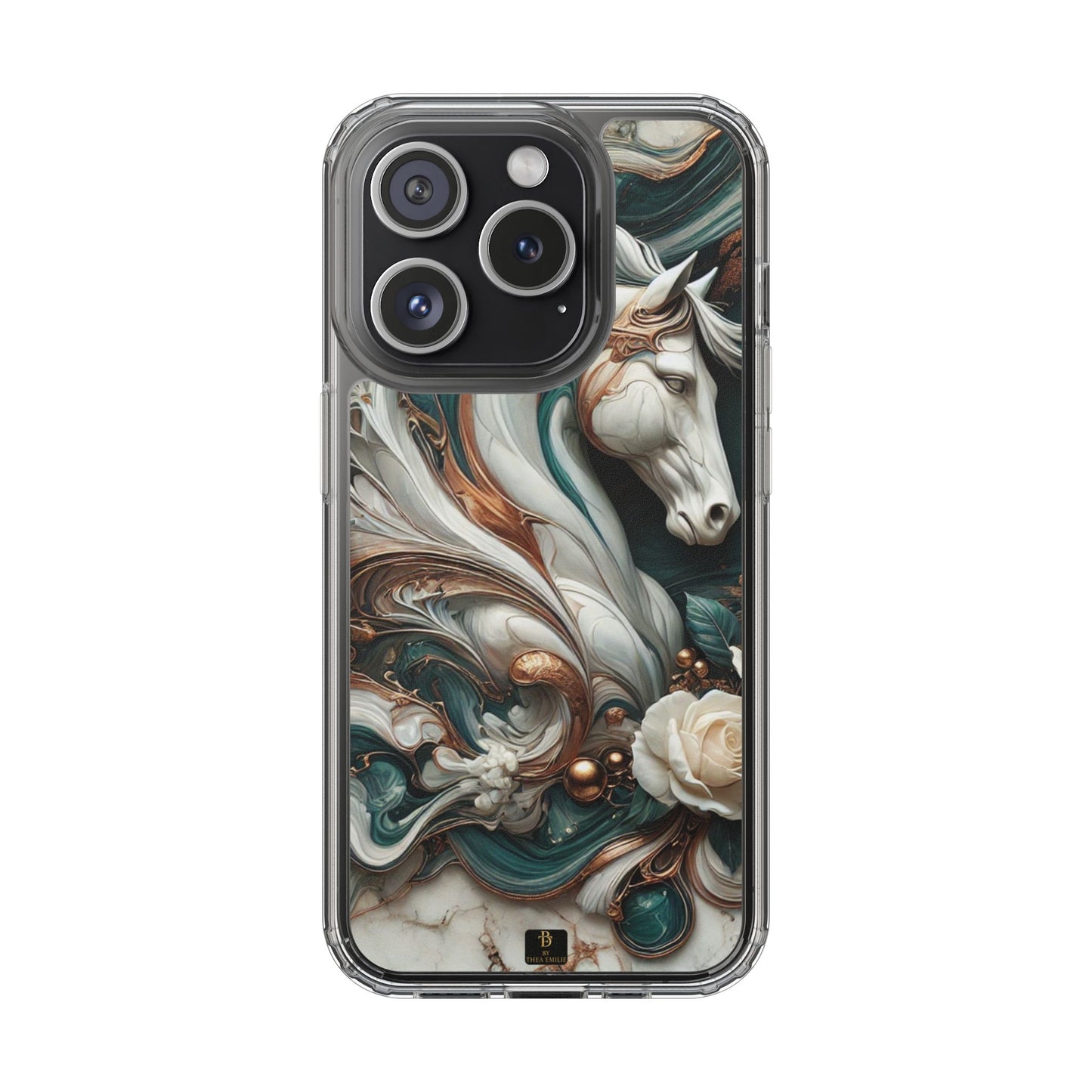 Artistic Horse Clear Phone Case – Teal & Bronze Marble Design with White Rose, Compatible with iPhone