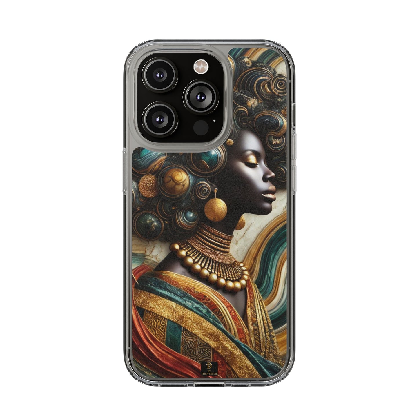 Majestic Queen Clear Phone Case – Afro Art Style with Gold & Teal Accents