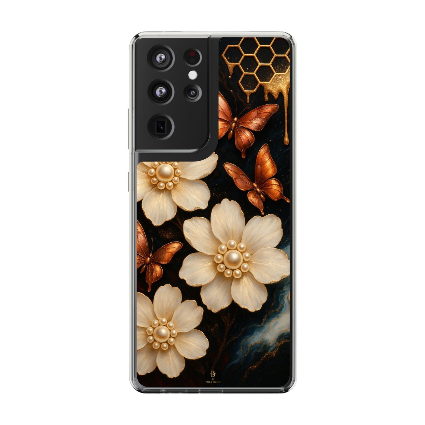 Golden Butterfly & Floral Clear Phone Case – Elegant Pearl & Honeycomb Design for iPhone