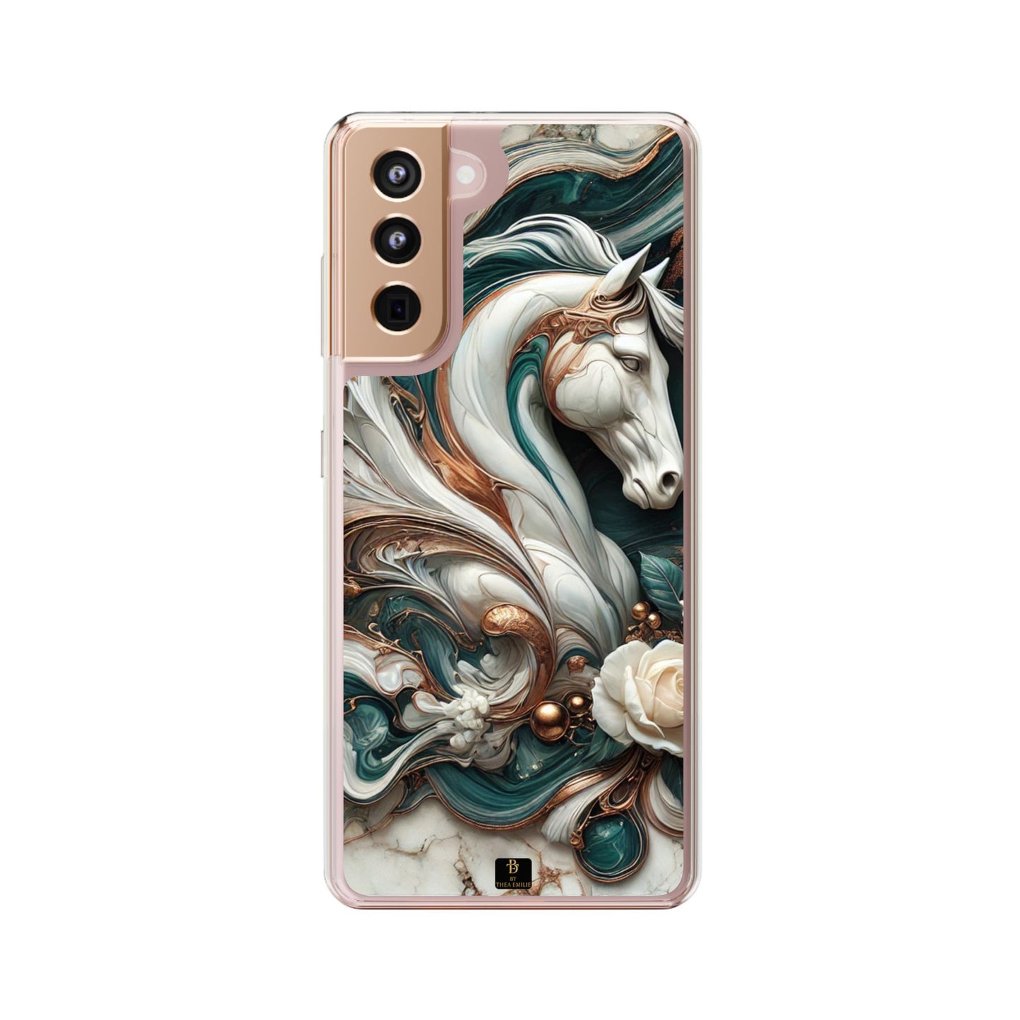 Artistic Horse Clear Phone Case – Teal & Bronze Marble Design with White Rose, Compatible with iPhone