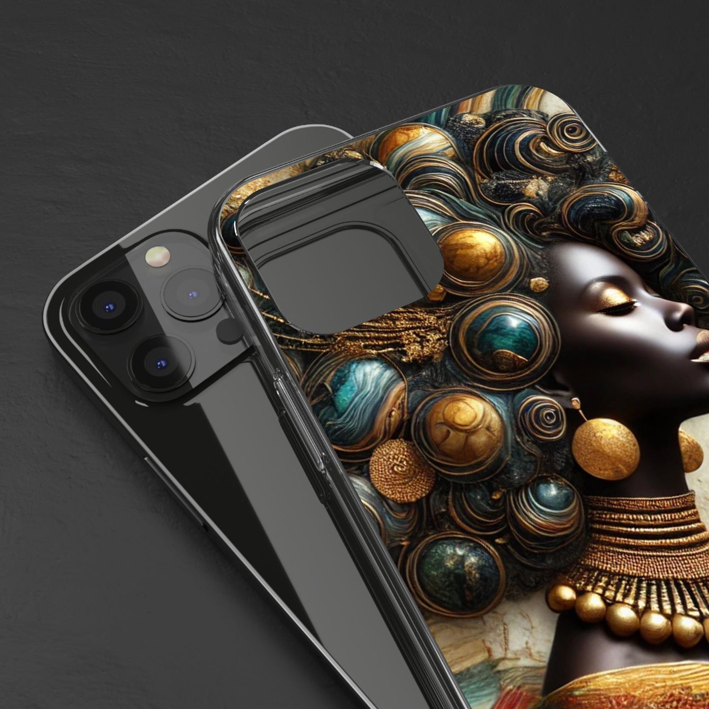 Majestic Queen Clear Phone Case – Afro Art Style with Gold & Teal Accents