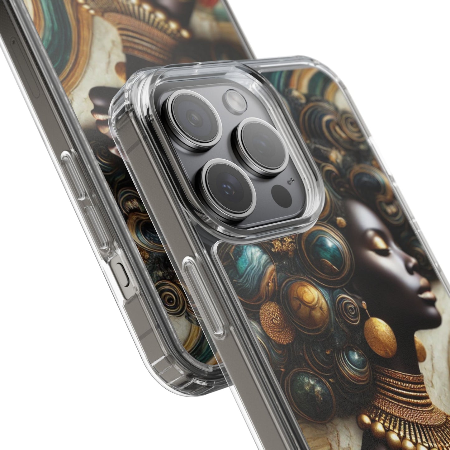 Majestic Queen Clear Phone Case – Afro Art Style with Gold & Teal Accents