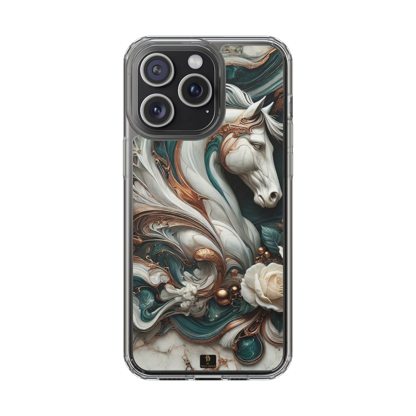 Artistic Horse Clear Phone Case – Teal & Bronze Marble Design with White Rose, Compatible with iPhone