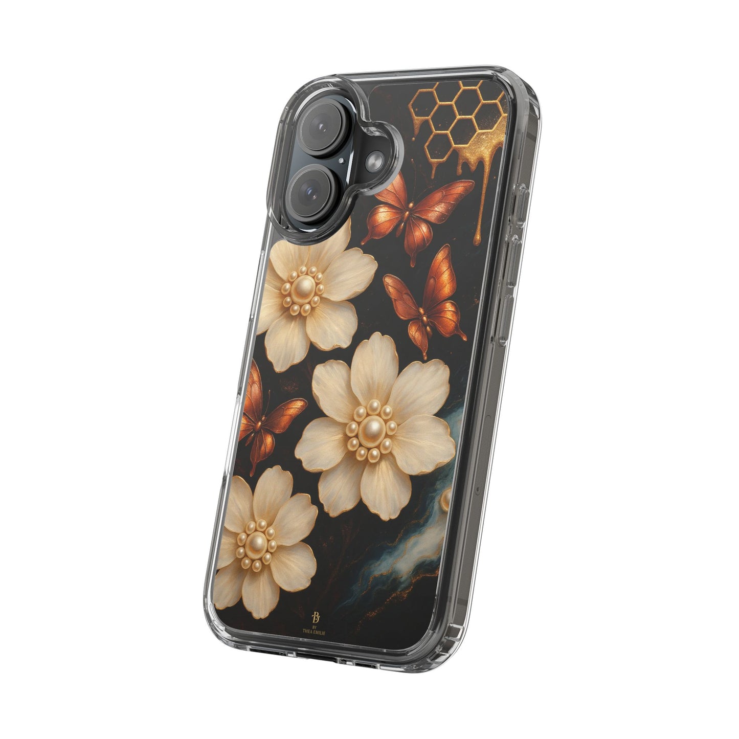 Golden Butterfly & Floral Clear Phone Case – Elegant Pearl & Honeycomb Design for iPhone