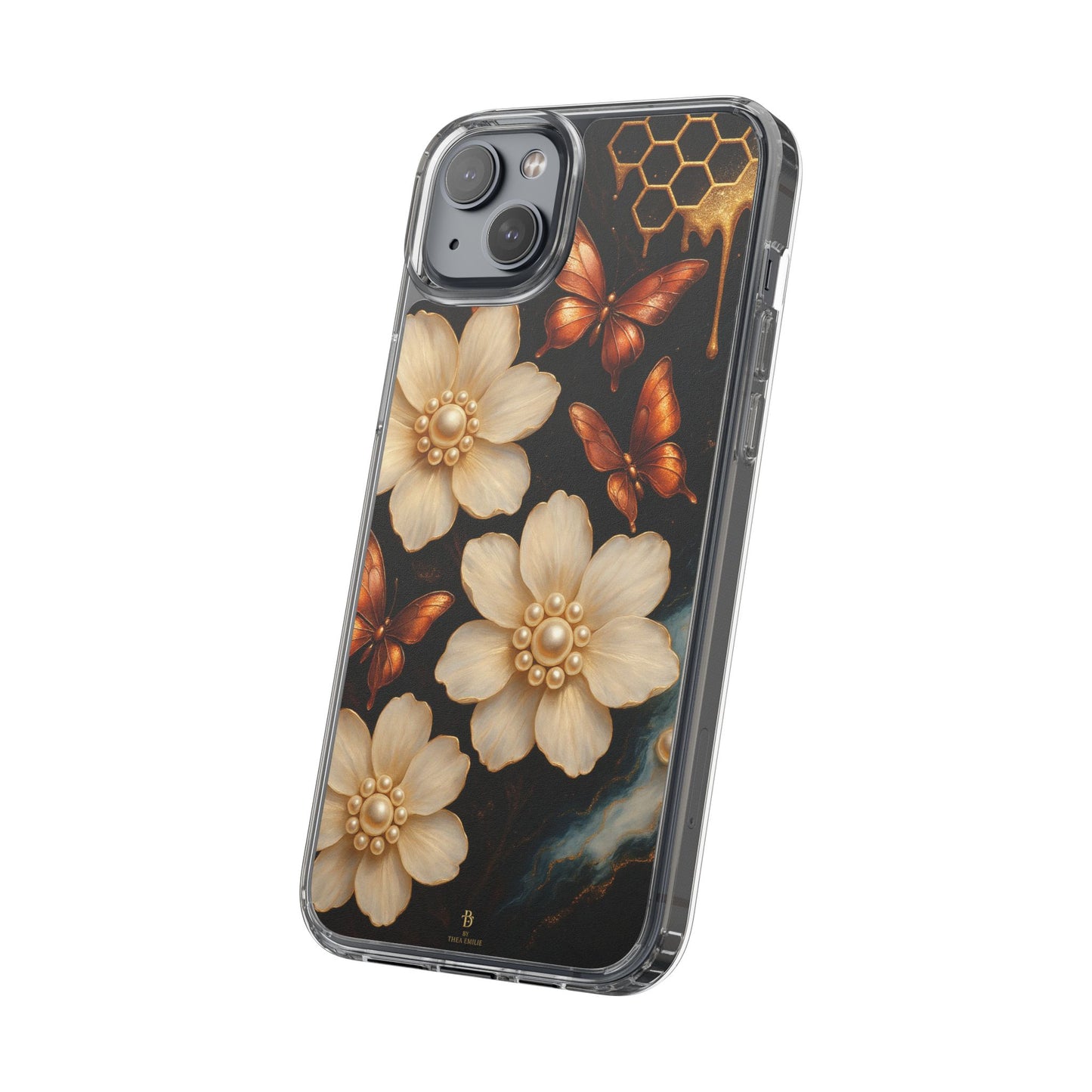 Golden Butterfly & Floral Clear Phone Case – Elegant Pearl & Honeycomb Design for iPhone