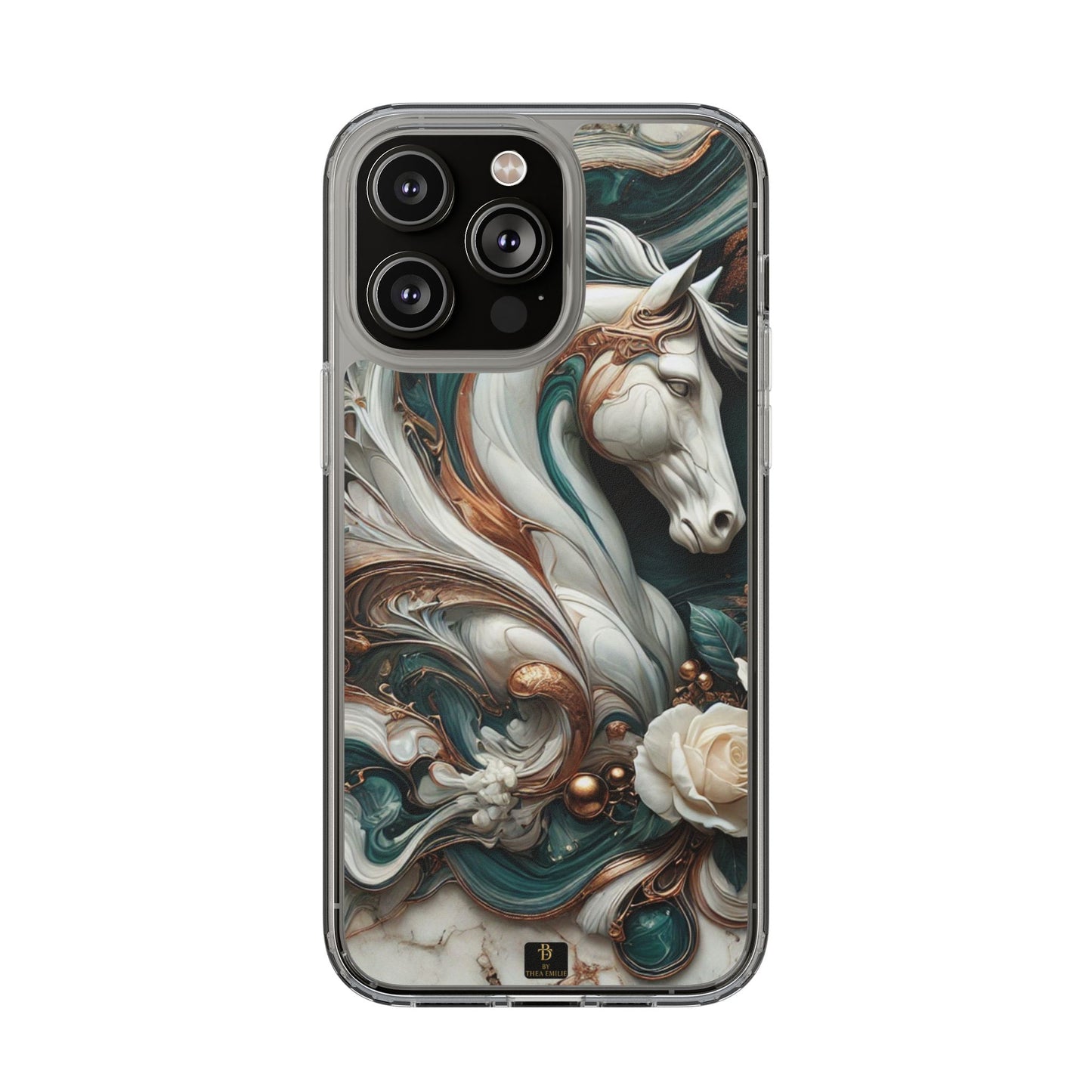 Artistic Horse Clear Phone Case – Teal & Bronze Marble Design with White Rose, Compatible with iPhone