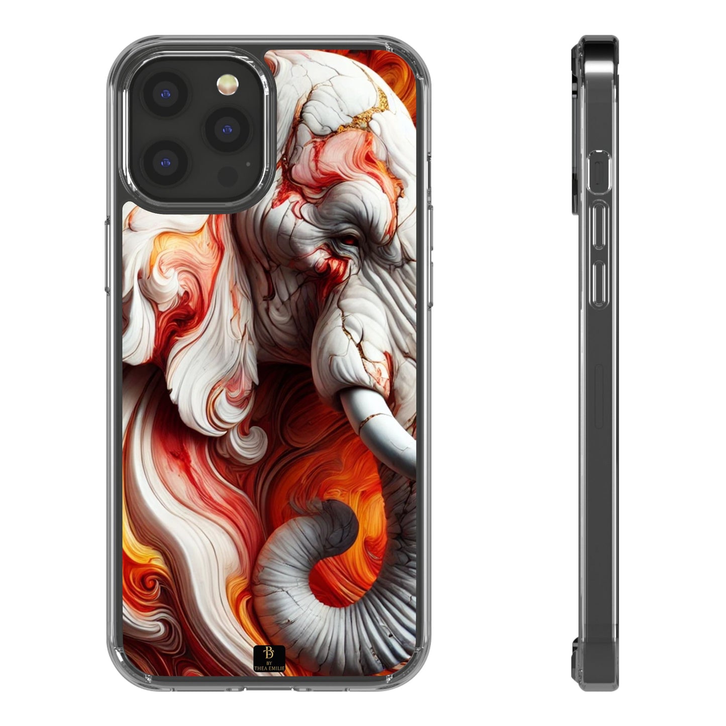 Fiery Marble Elephant Clear Phone Case – Bold Red & Orange Artistic Design for iPhone