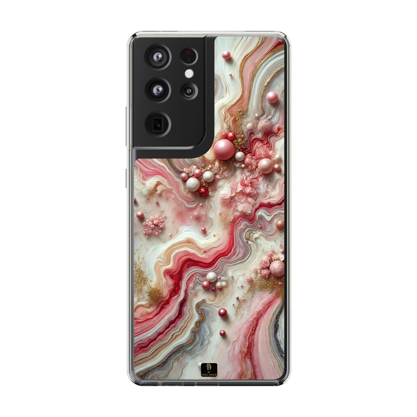 Pink Marble Clear Phone Case – Blush & Gold Abstract Design with Pearls, Compatible with iPhone