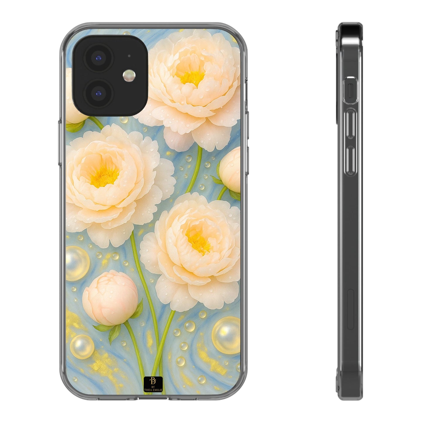 Peonies Marble Phone Case – Blue, White & Gold Artistic Design