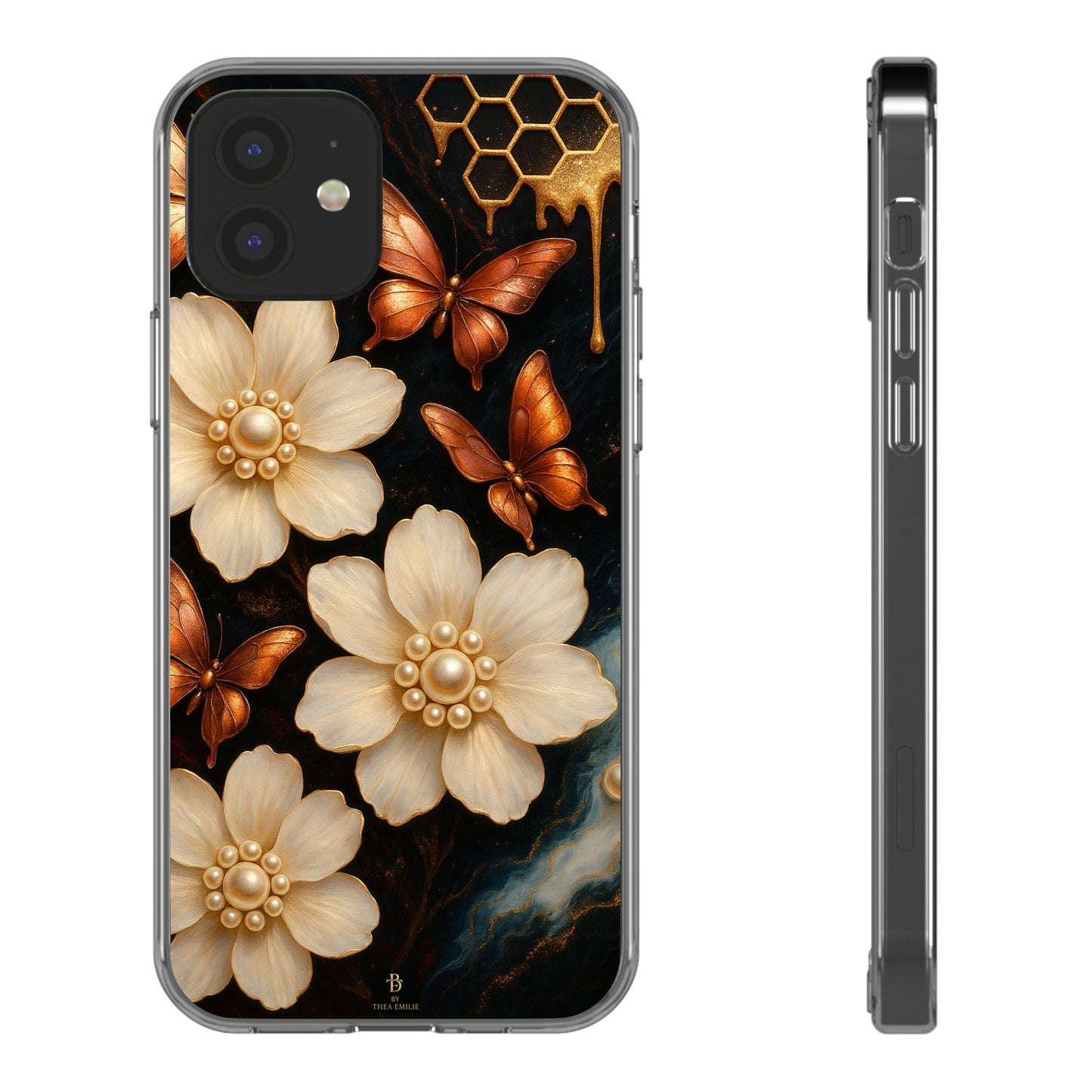 Golden Butterfly & Floral Clear Phone Case – Elegant Pearl & Honeycomb Design for iPhone