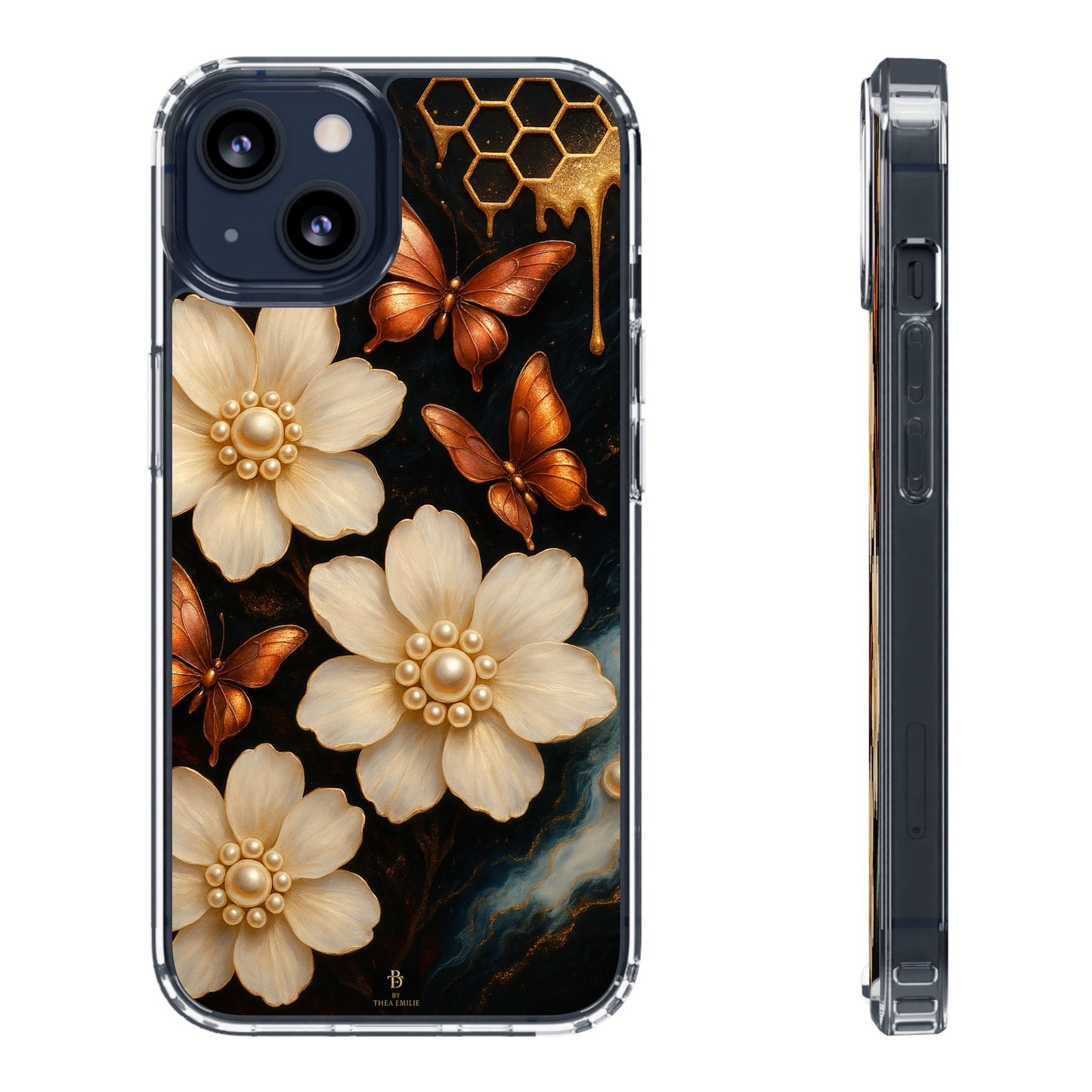 Golden Butterfly & Floral Clear Phone Case – Elegant Pearl & Honeycomb Design for iPhone