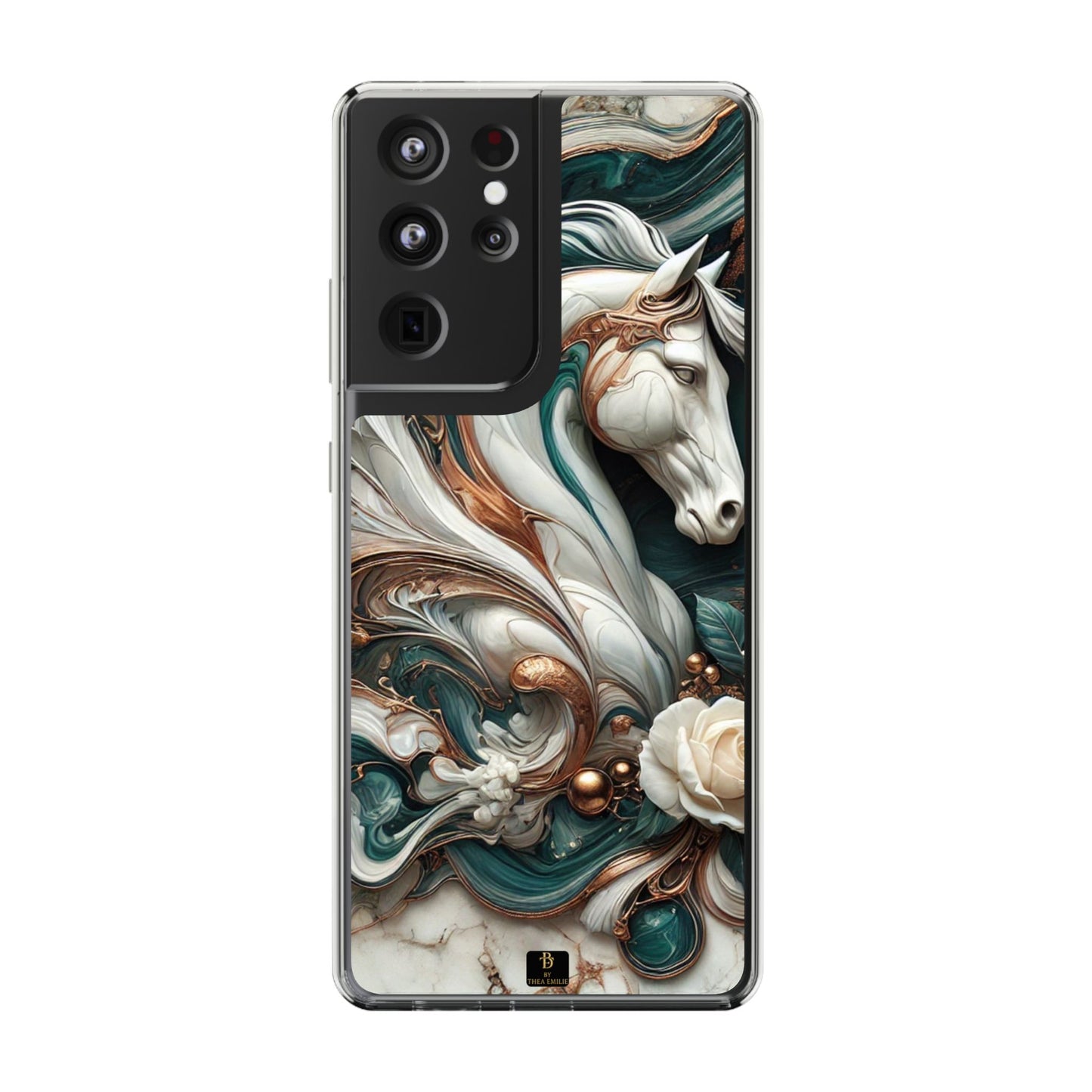Artistic Horse Clear Phone Case – Teal & Bronze Marble Design with White Rose, Compatible with iPhone