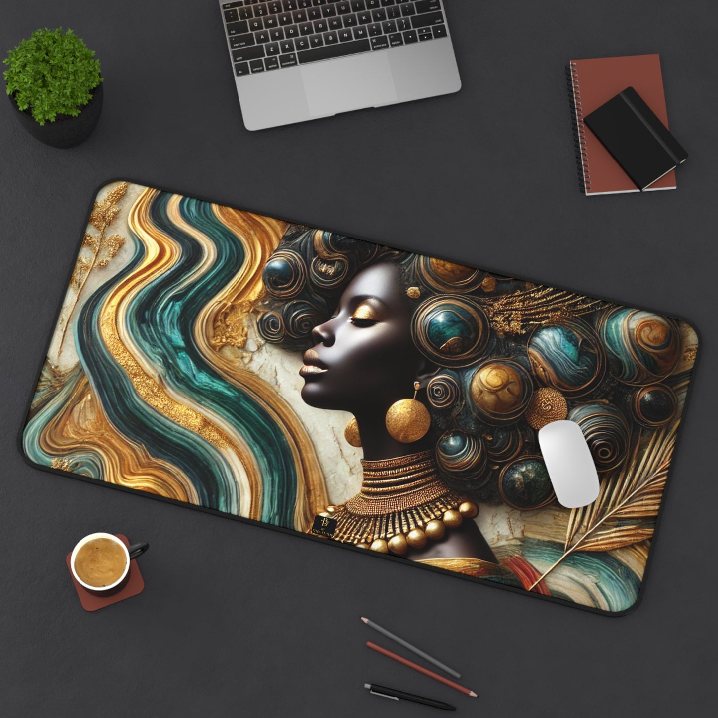 Afro Goddess Mouse Pad – Luxury Desk Mat in 3 Sizes with Teal & Gold Art