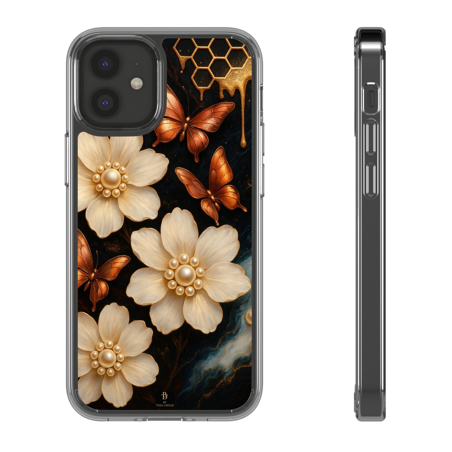 Golden Butterfly & Floral Clear Phone Case – Elegant Pearl & Honeycomb Design for iPhone
