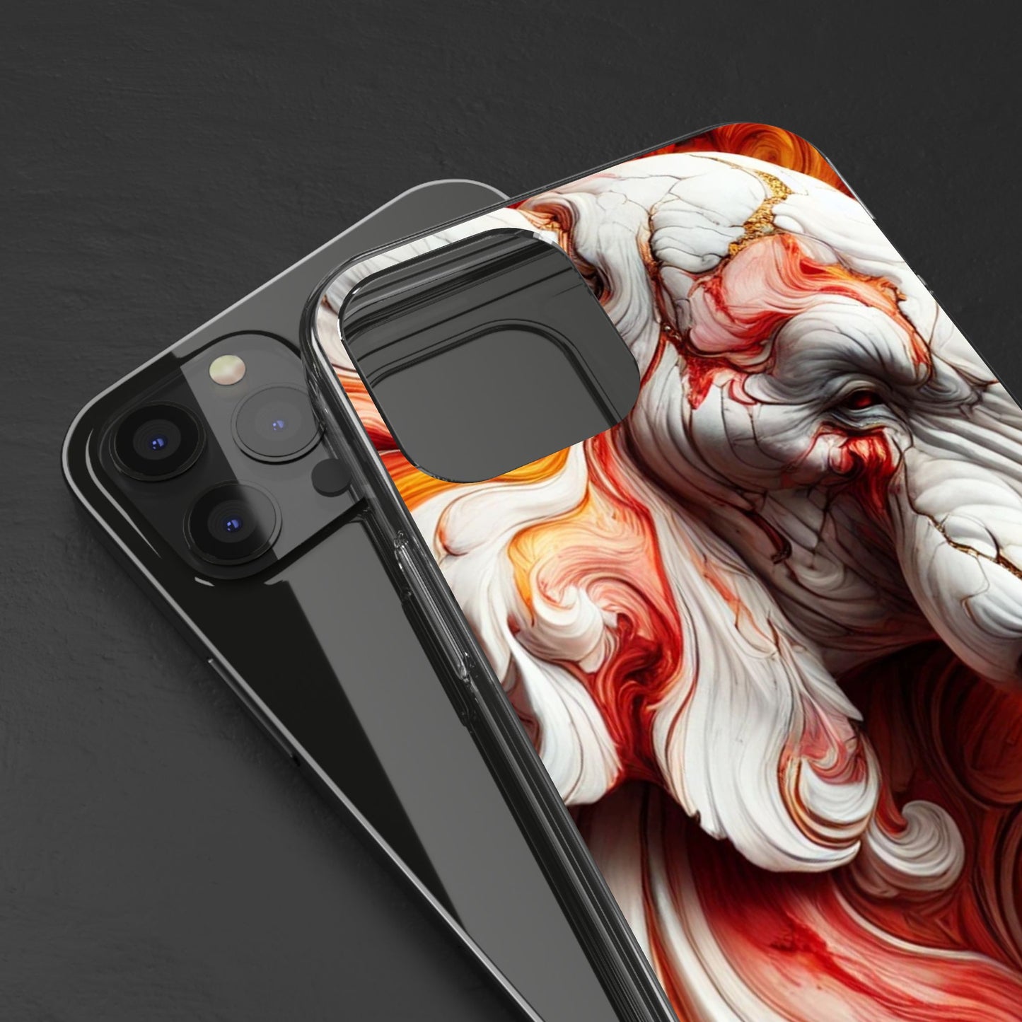 Fiery Marble Elephant Clear Phone Case – Bold Red & Orange Artistic Design for iPhone