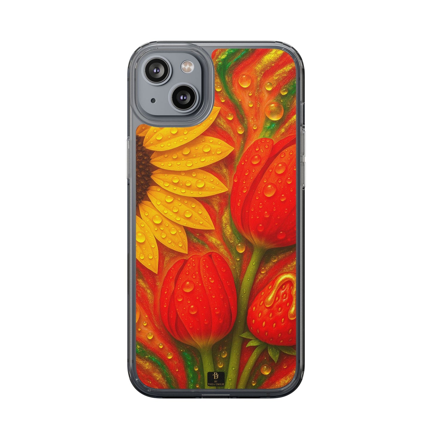 Sunflower Tulips Clear Phone Case - Red Green Gold Marble Design for iPhone