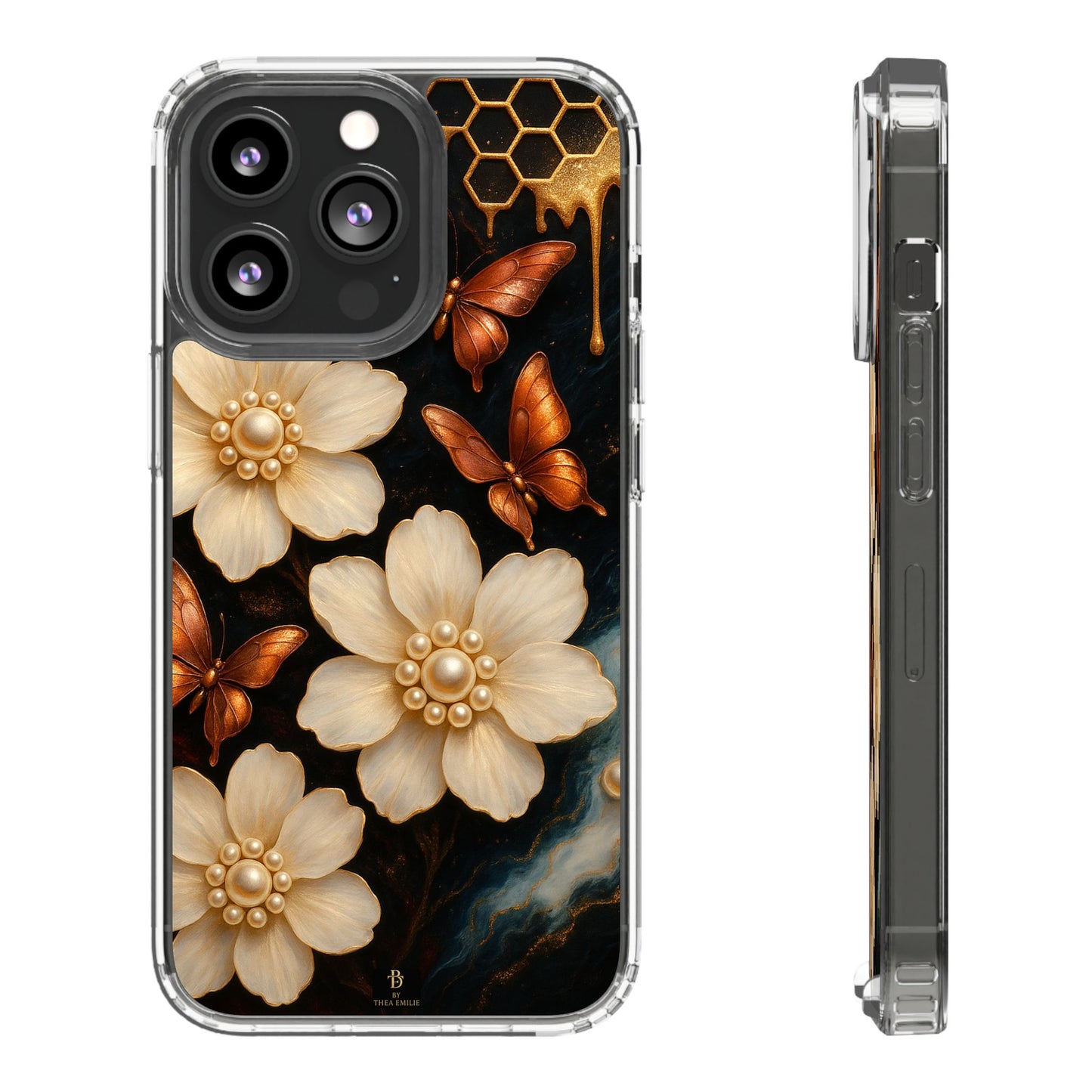 Golden Butterfly & Floral Clear Phone Case – Elegant Pearl & Honeycomb Design for iPhone