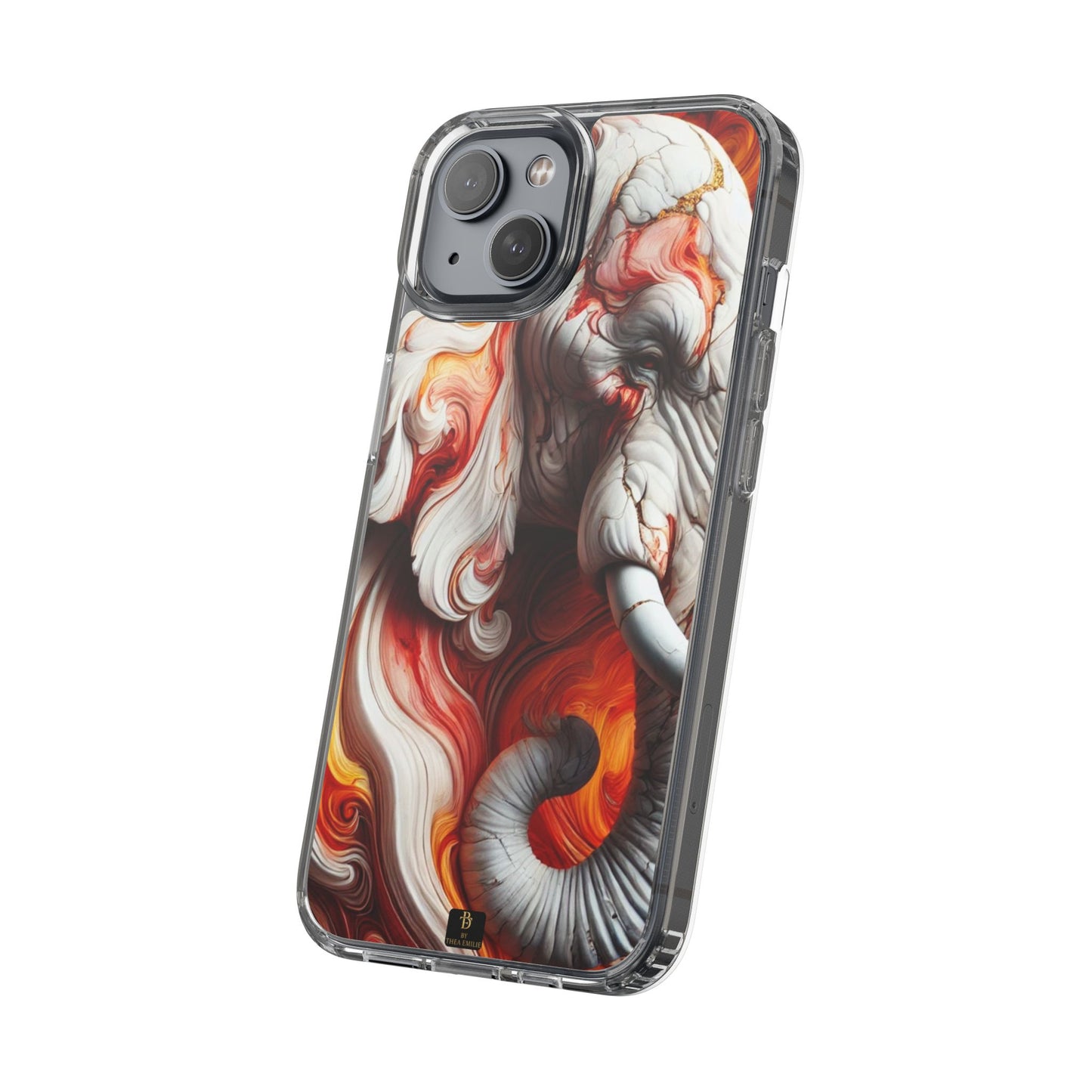 Fiery Marble Elephant Clear Phone Case – Bold Red & Orange Artistic Design for iPhone
