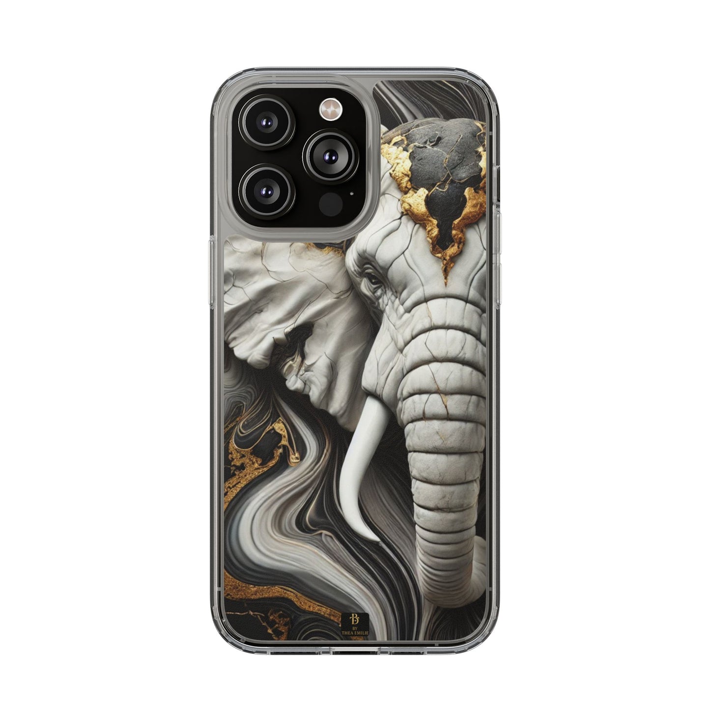 Artistic Elephant Clear Phone Case – Marble & Gold Wildlife Design for iPhone