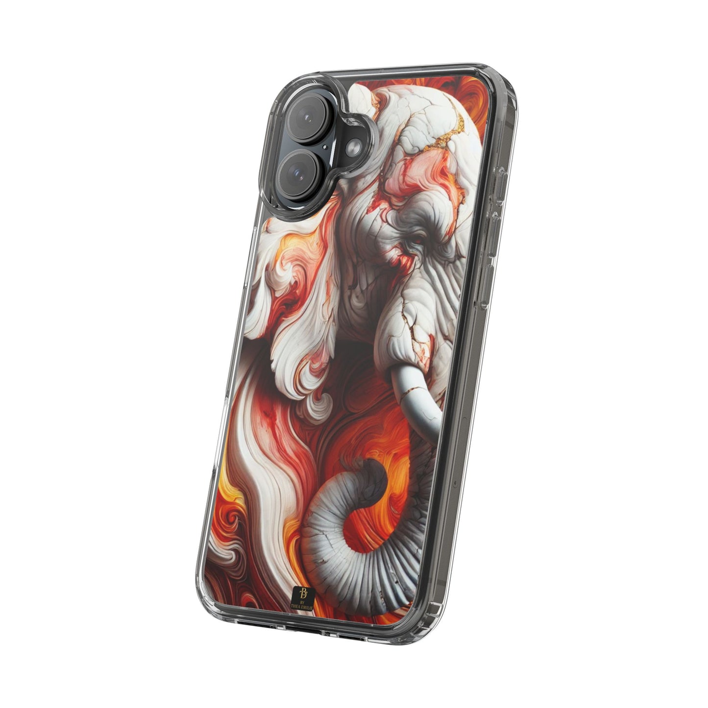 Fiery Marble Elephant Clear Phone Case – Bold Red & Orange Artistic Design for iPhone