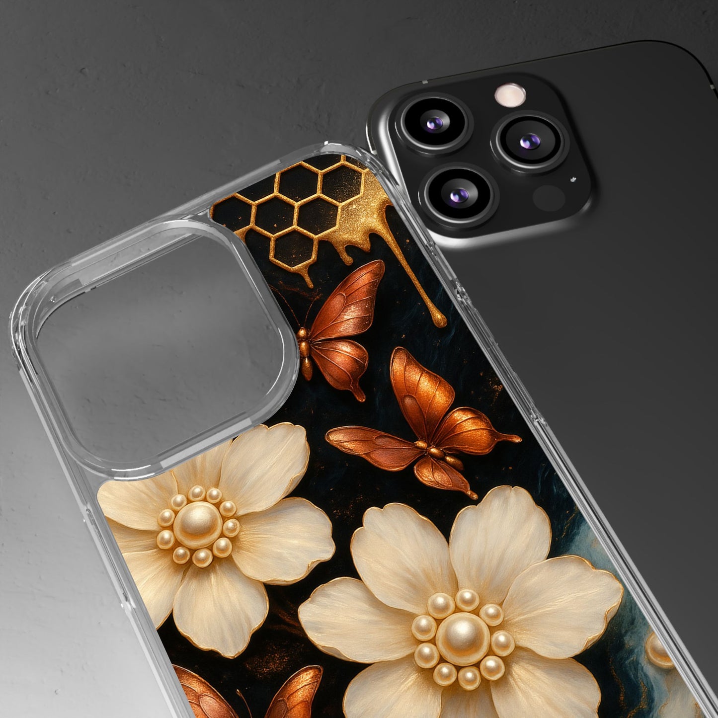Golden Butterfly & Floral Clear Phone Case – Elegant Pearl & Honeycomb Design for iPhone