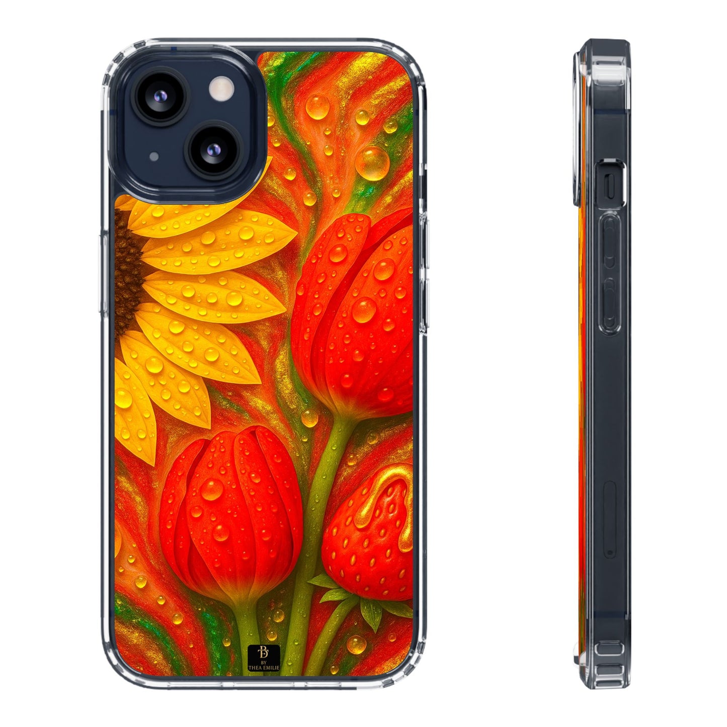 Sunflower Tulips Clear Phone Case - Red Green Gold Marble Design for iPhone