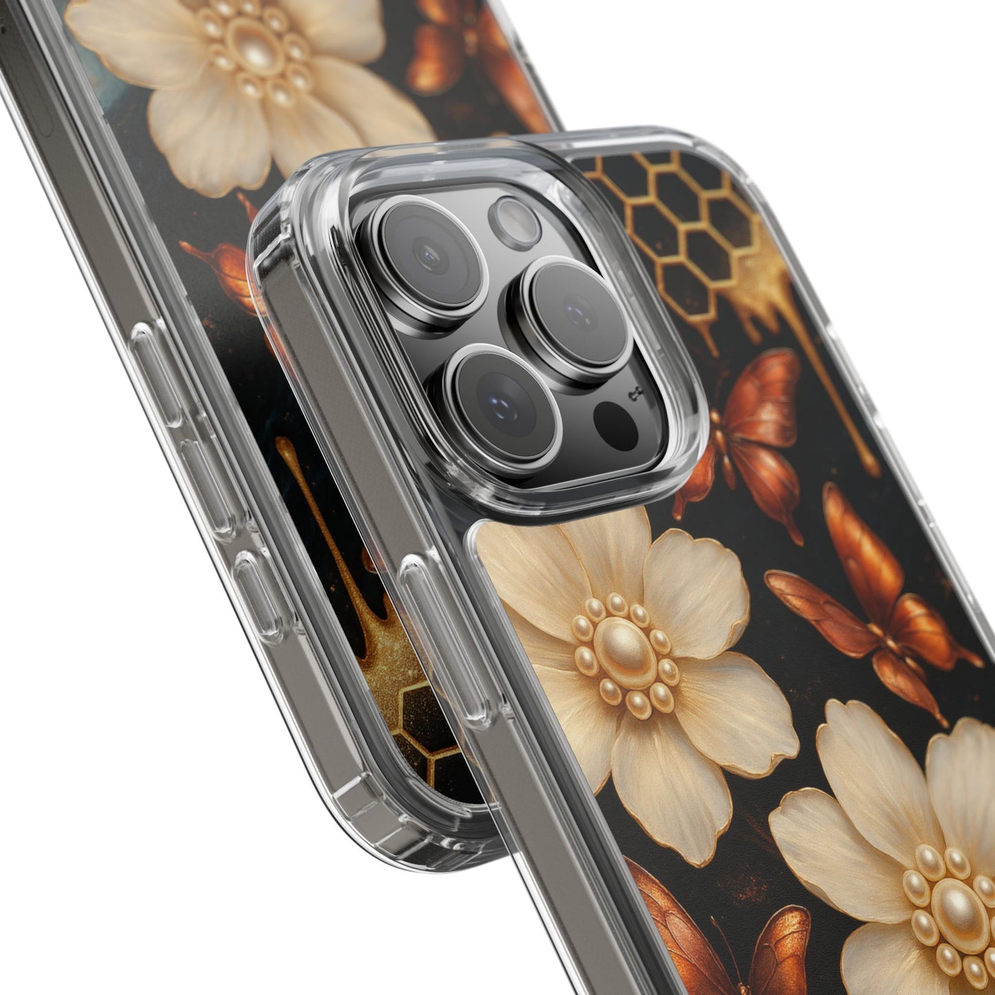 Golden Butterfly & Floral Clear Phone Case – Elegant Pearl & Honeycomb Design for iPhone