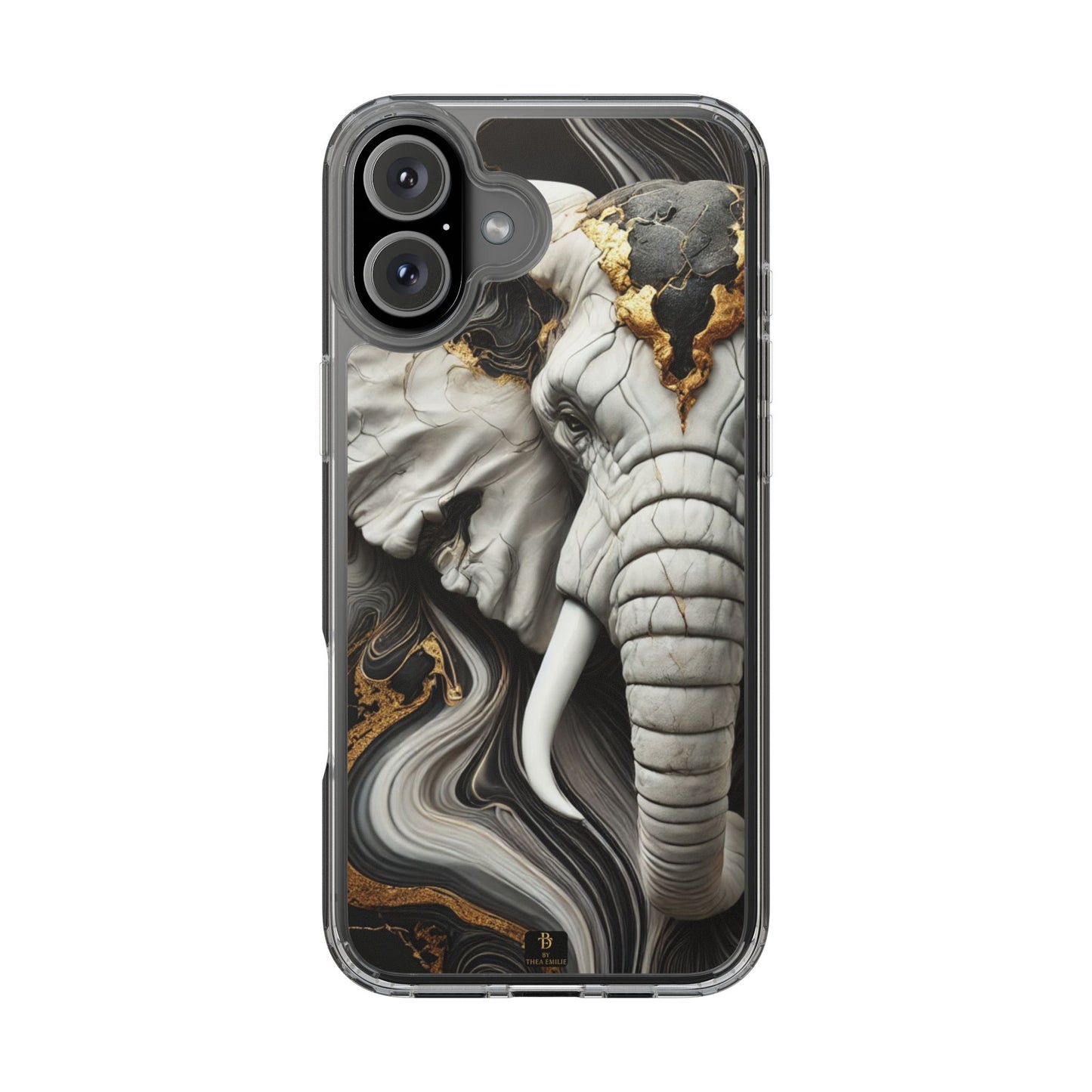 Artistic Elephant Clear Phone Case – Marble & Gold Wildlife Design for iPhone