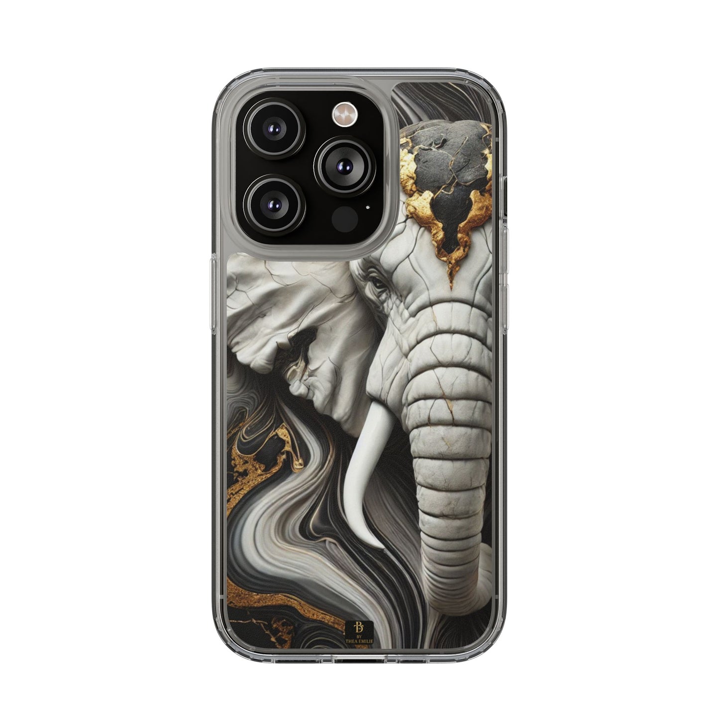 Artistic Elephant Clear Phone Case – Marble & Gold Wildlife Design for iPhone