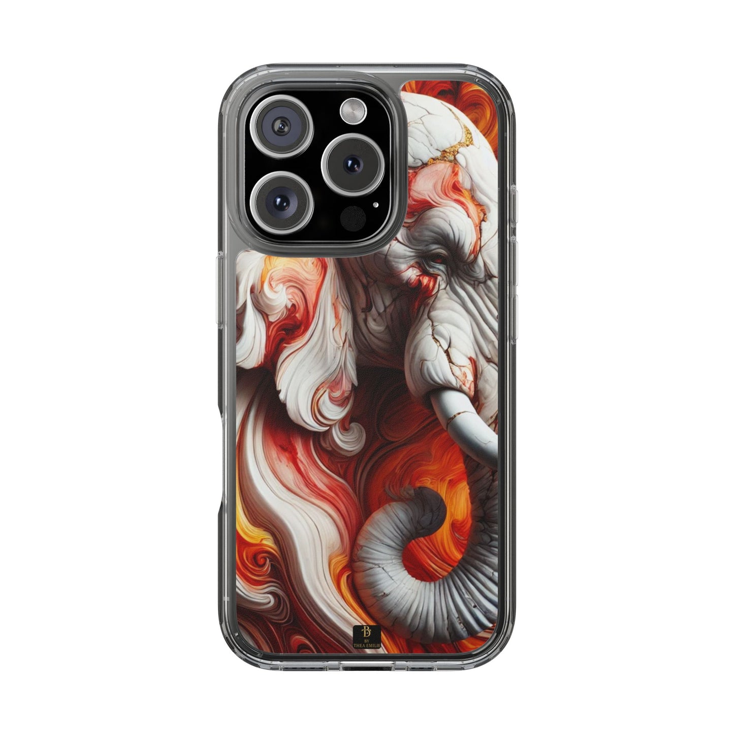 Fiery Marble Elephant Clear Phone Case – Bold Red & Orange Artistic Design for iPhone