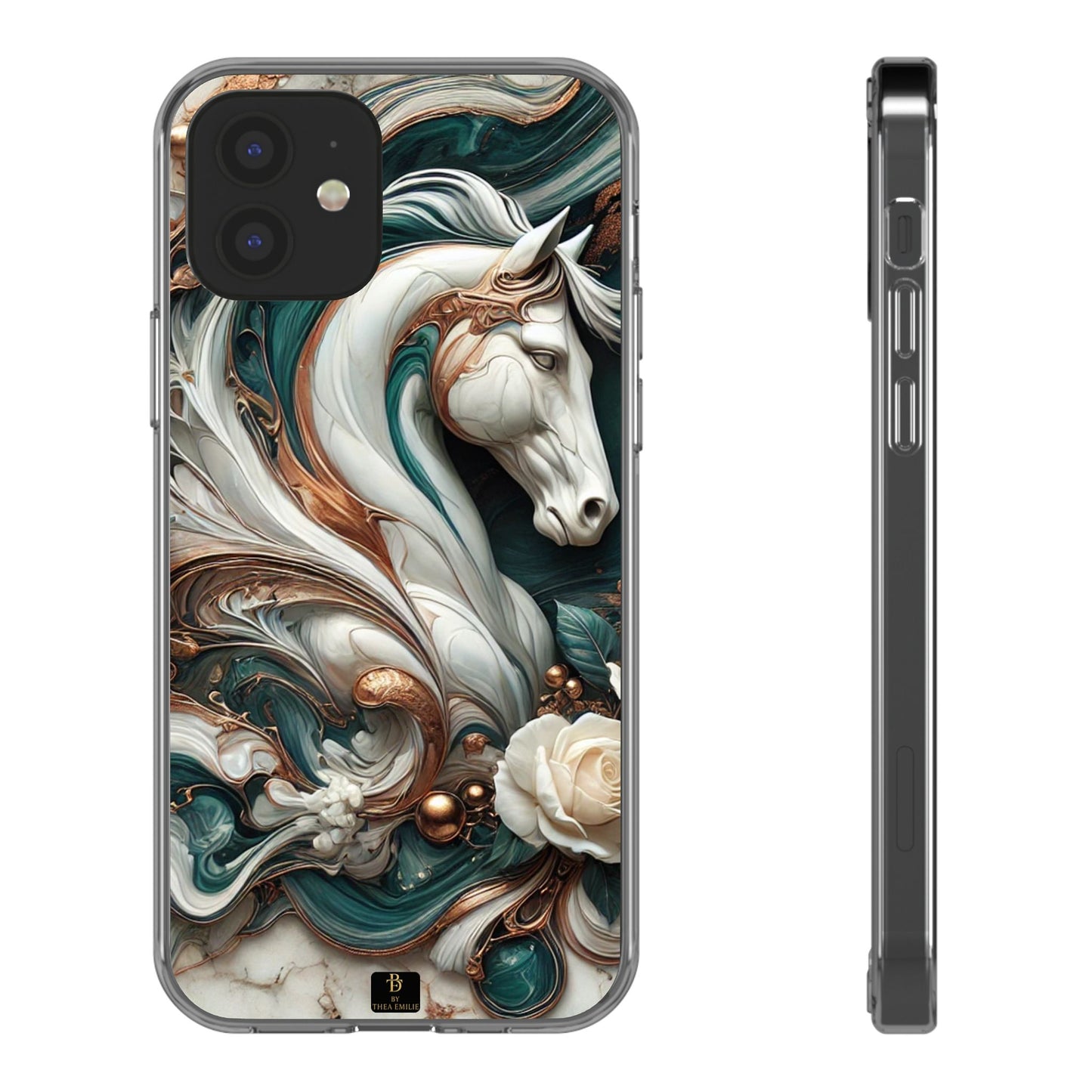 Artistic Horse Clear Phone Case – Teal & Bronze Marble Design with White Rose, Compatible with iPhone