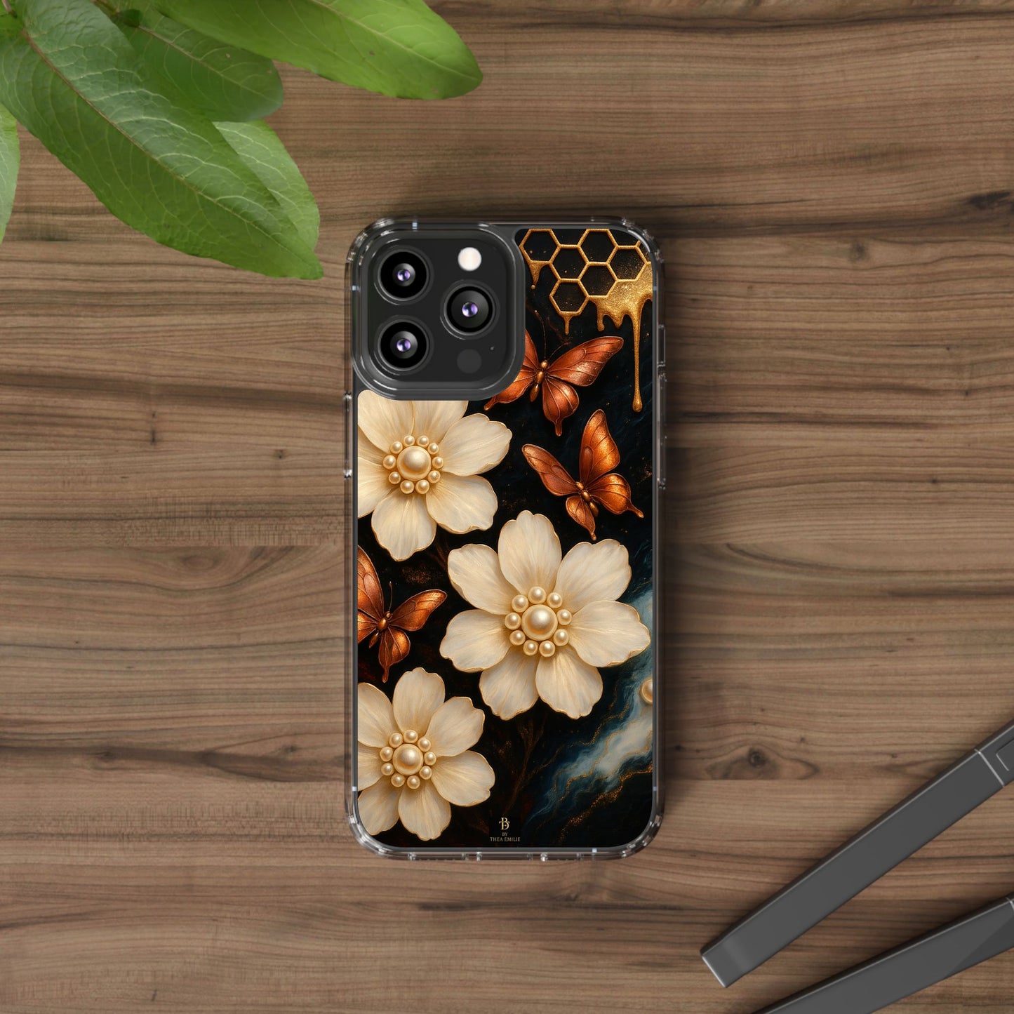 Golden Butterfly & Floral Clear Phone Case – Elegant Pearl & Honeycomb Design for iPhone