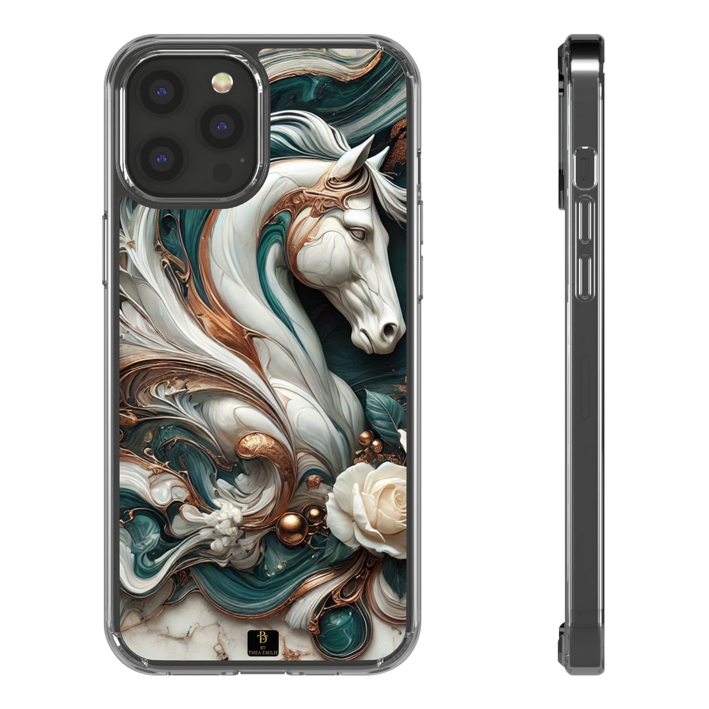 Artistic Horse Clear Phone Case – Teal & Bronze Marble Design with White Rose, Compatible with iPhone