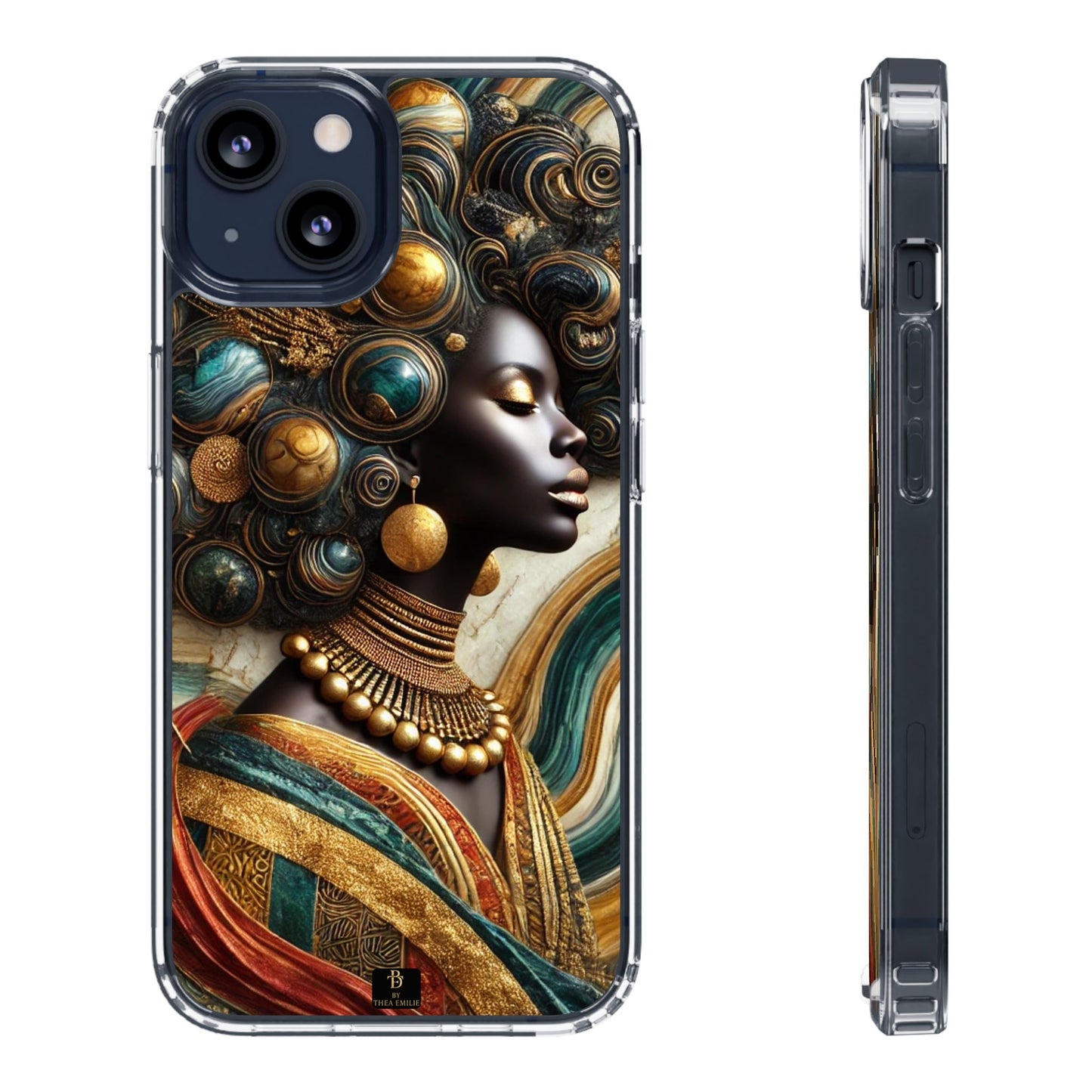 Majestic Queen Clear Phone Case – Afro Art Style with Gold & Teal Accents