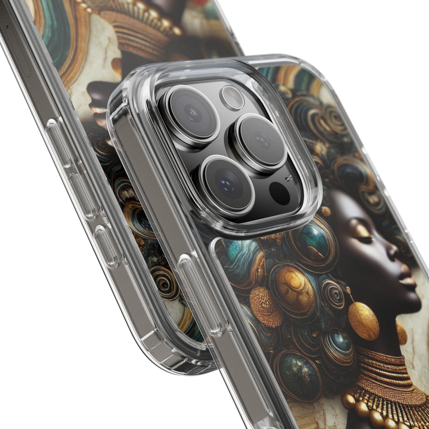 Majestic Queen Clear Phone Case – Afro Art Style with Gold & Teal Accents
