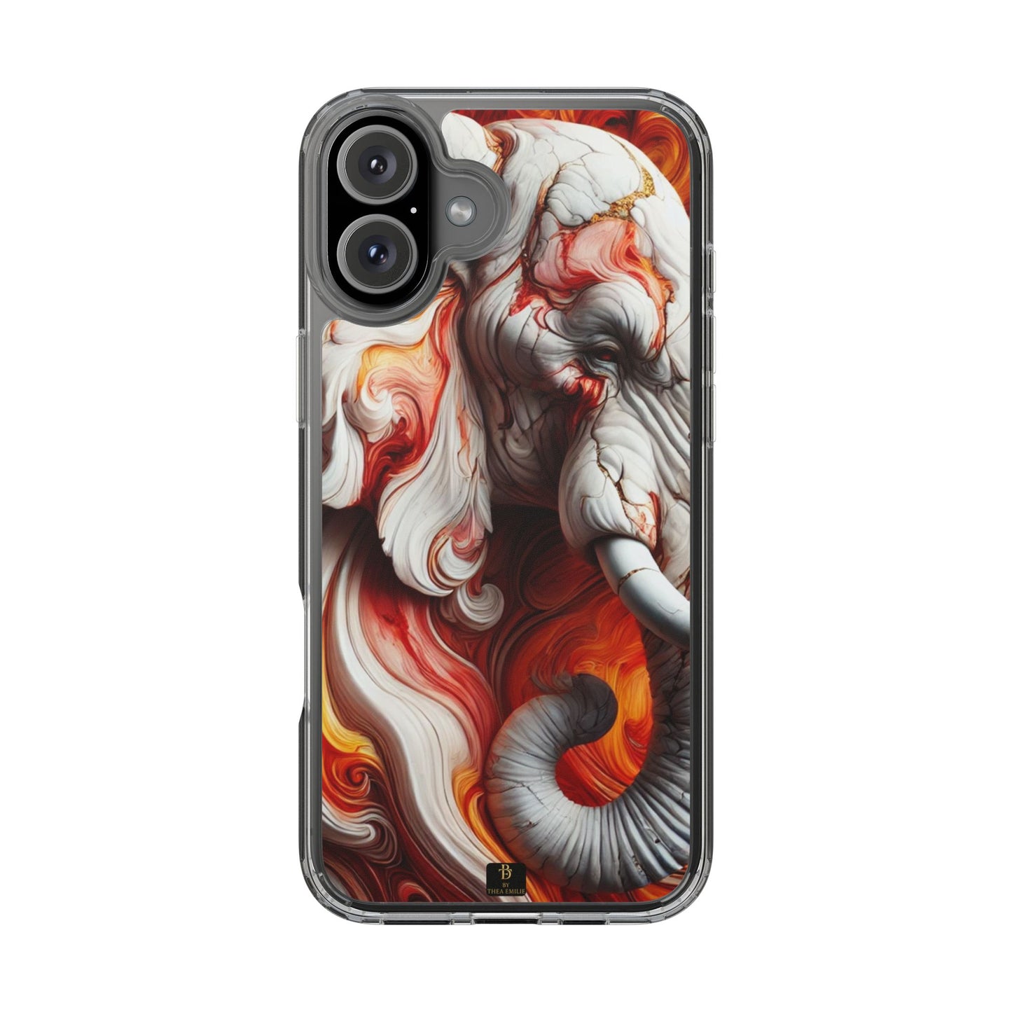 Fiery Marble Elephant Clear Phone Case – Bold Red & Orange Artistic Design for iPhone